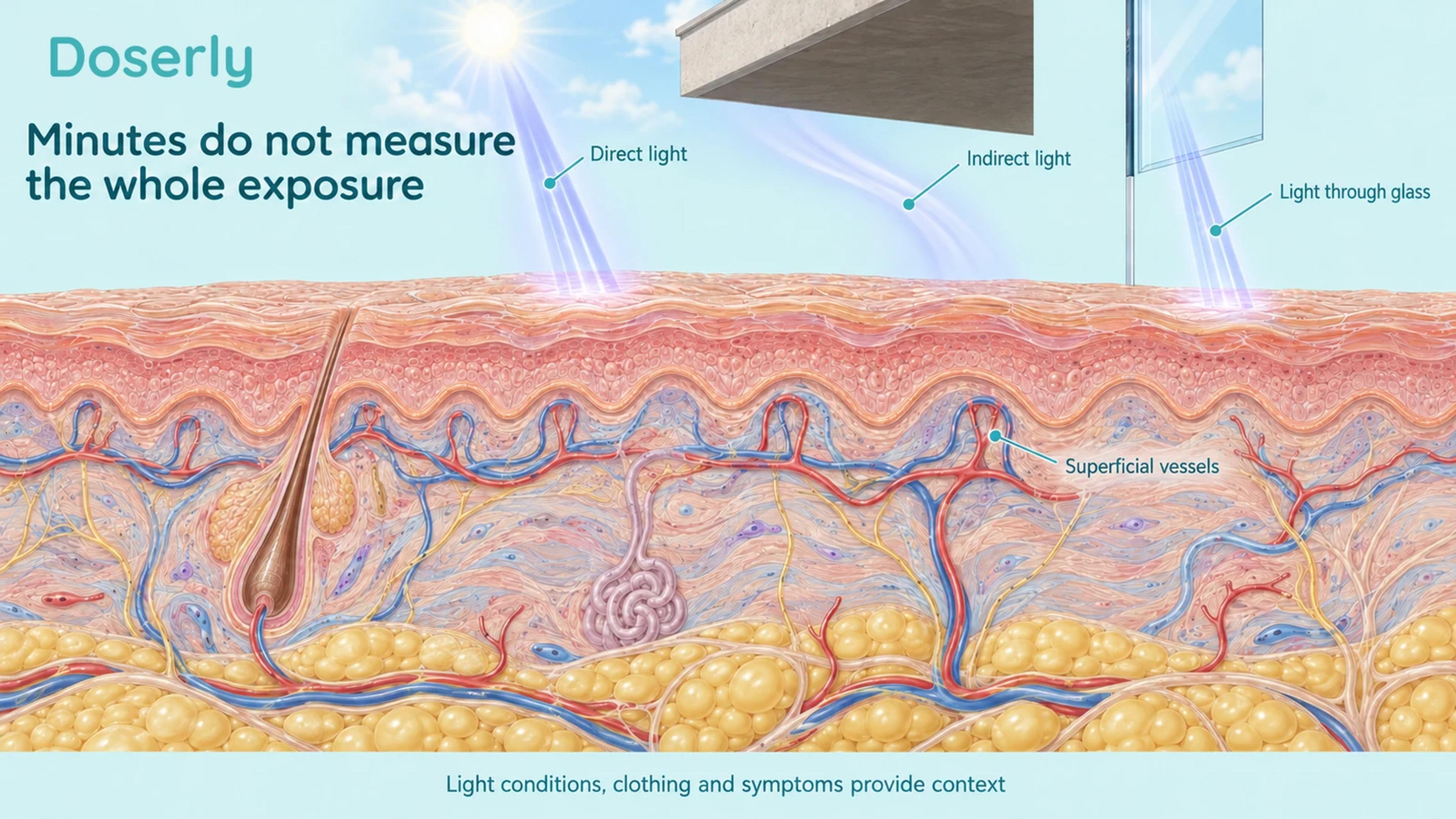 Detailed skin cross-section beneath conceptual direct, indirect and through-glass light paths.