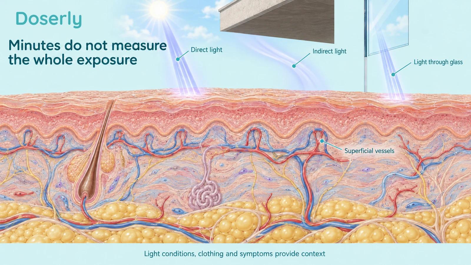 Detailed skin cross-section beneath conceptual direct, indirect and through-glass light paths.
