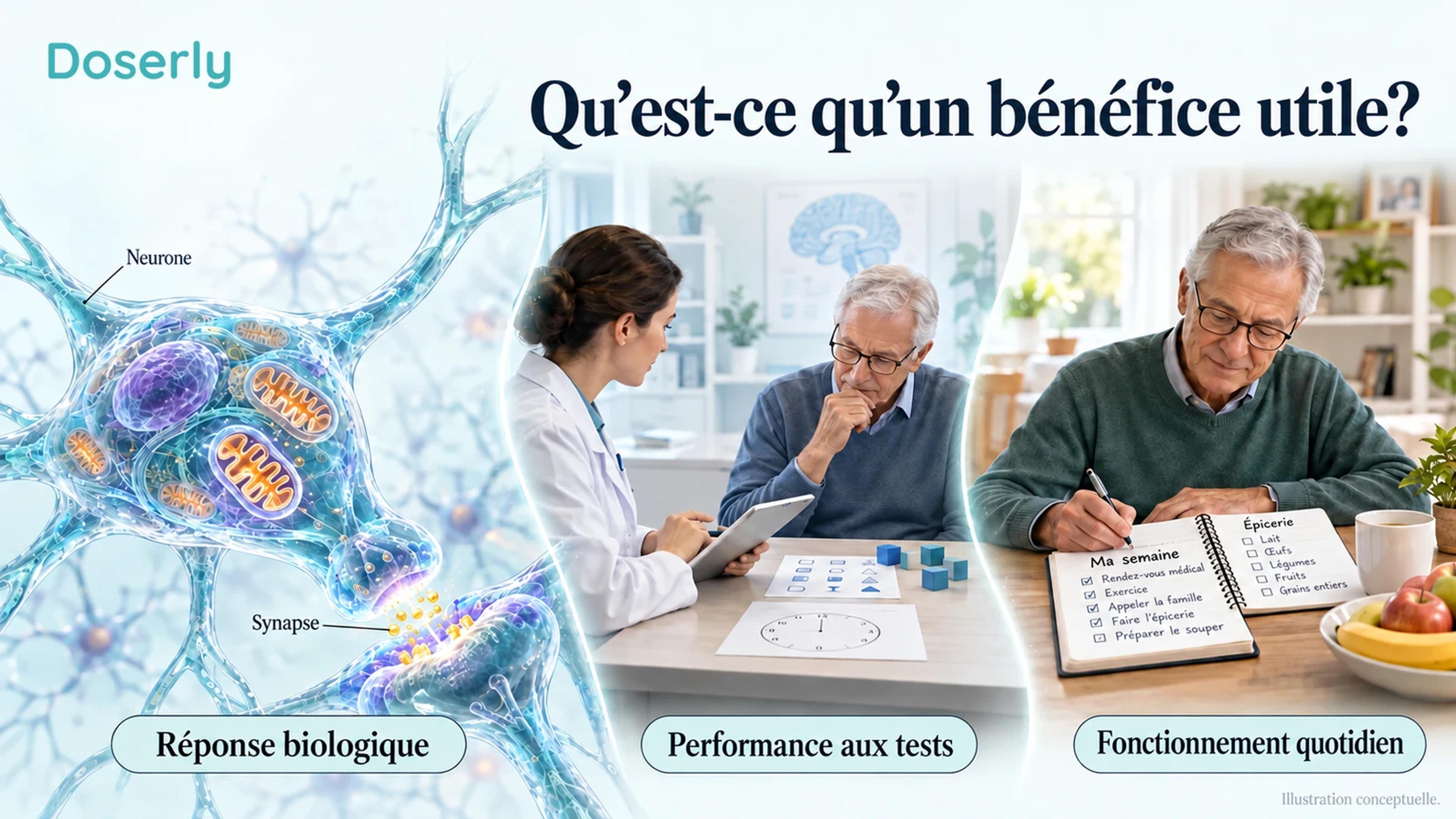 Trois scènes distinctes montrant une réponse cellulaire, un clinicien administrant une tâche cognitive et une personne âgée organisant seule une activité quotidienne.