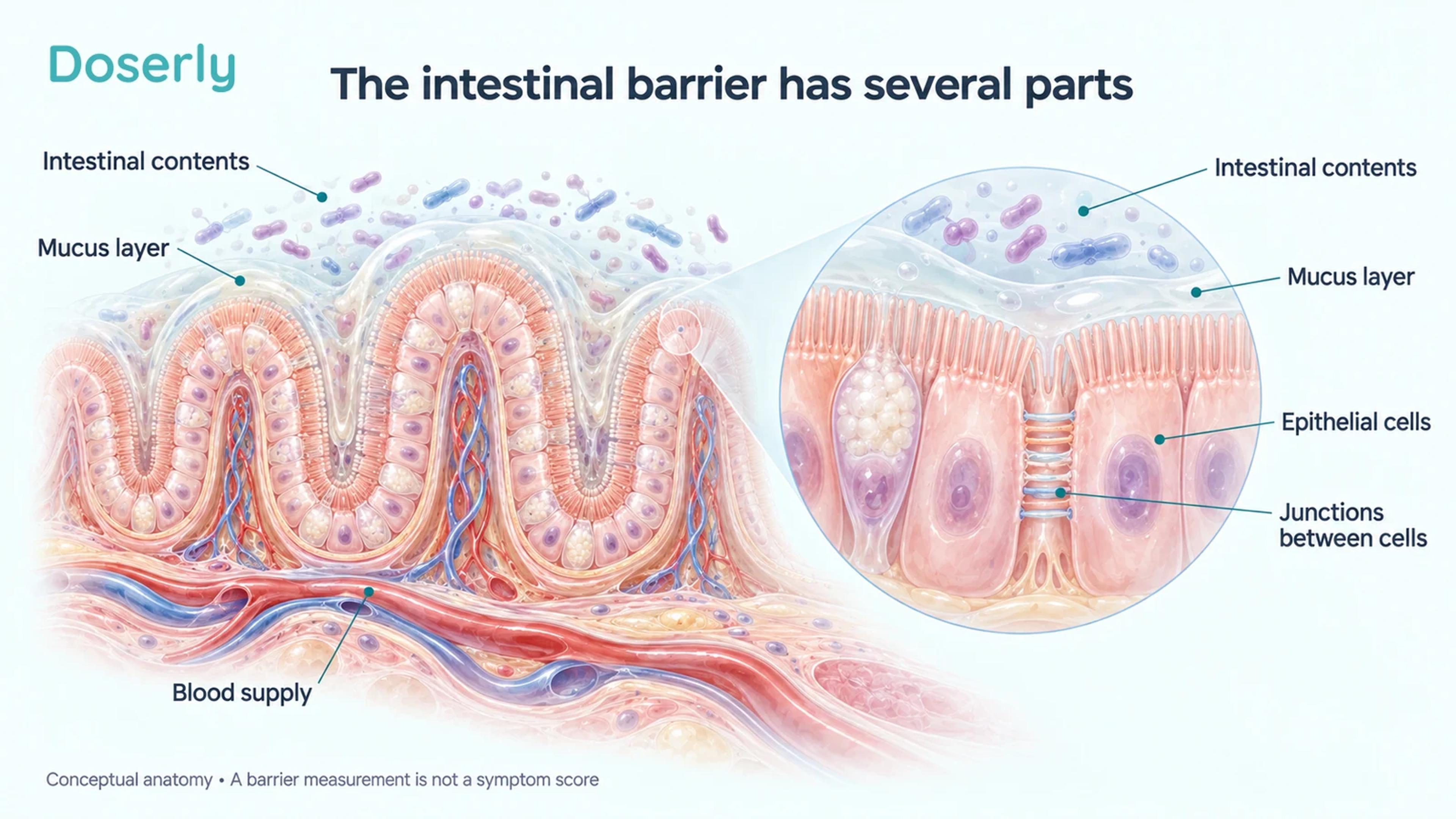 Small-intestinal lining showing mucus, epithelial cells, junctions between adjacent cells and the underlying blood supply.