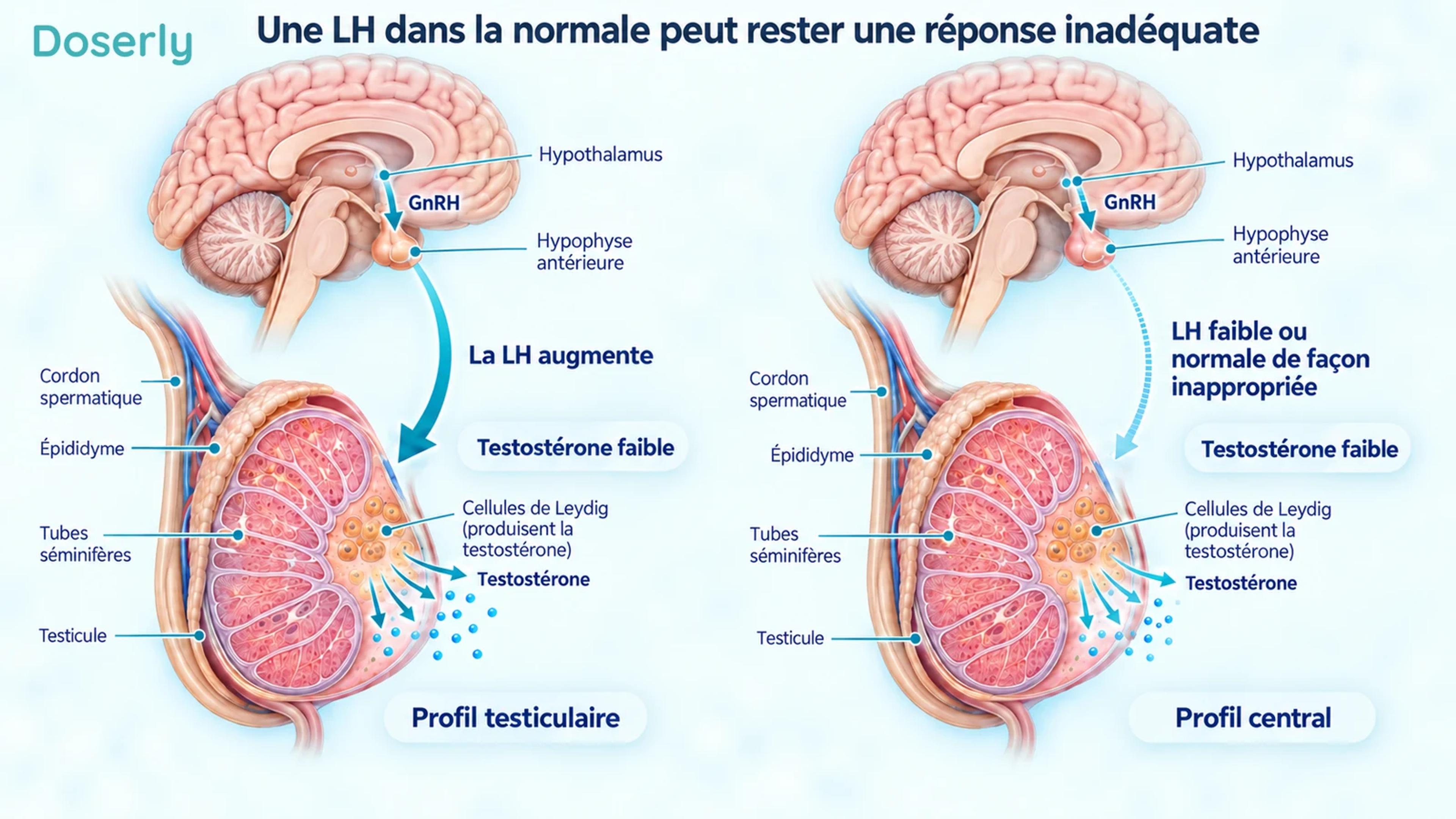 Deux illustrations détaillées du cerveau aux testicules comparent une réponse de LH en hausse à une LH faible ou normale de façon inappropriée lorsque la testostérone est faible.