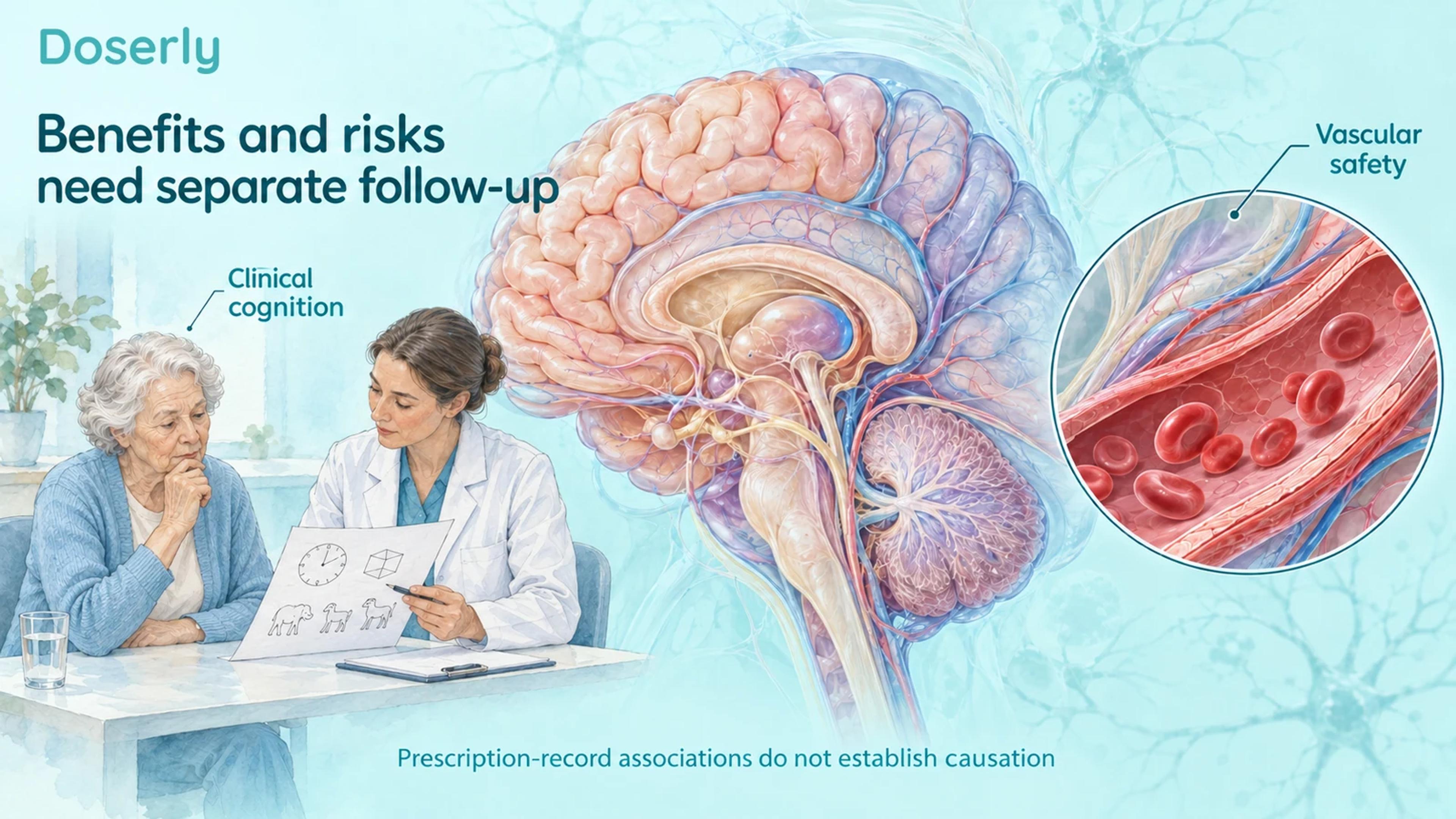 An illustrated clinician assesses an older adult beside detailed brain and blood-vessel anatomy, separating clinical cognition from vascular safety follow-up.