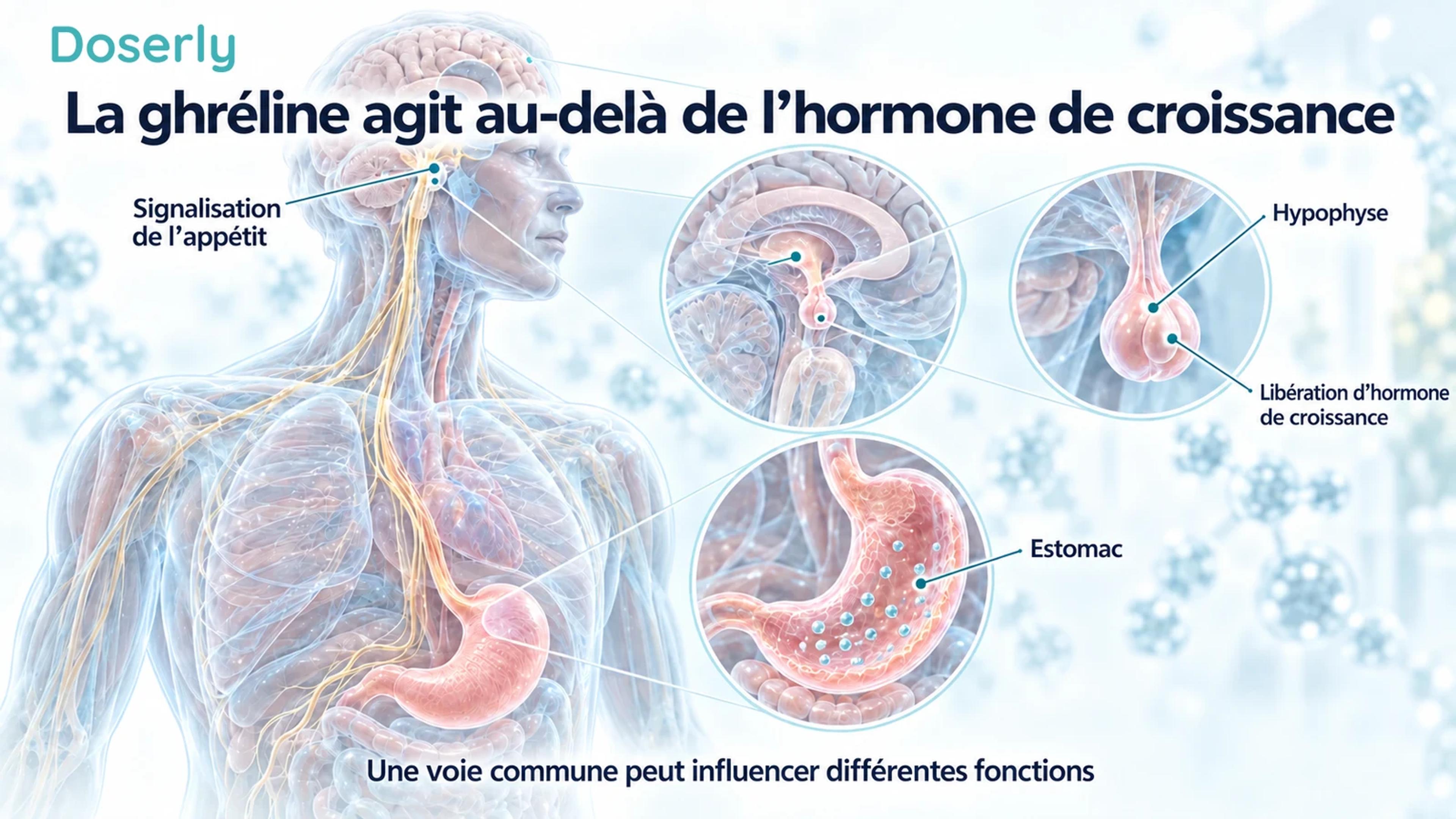 L’estomac, le cerveau et l’hypophyse dans un corps translucide illustrent l’étendue de la signalisation liée à la ghréline.