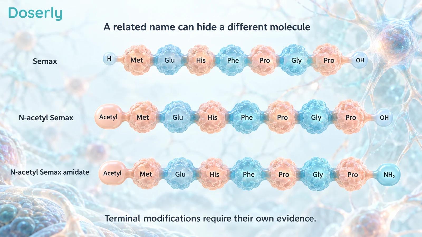 Schematic seven-residue peptide chains showing Semax and separate N-acetyl and terminal-amide modifications.