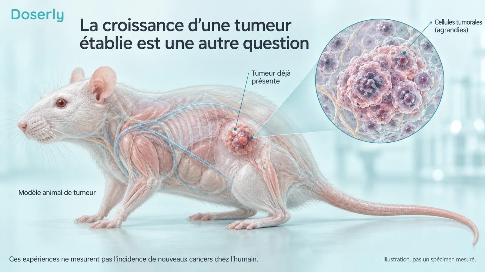 Illustration d’un rat de laboratoire avec une tumeur établie localisée et une vue conceptuelle agrandie de cellules tumorales.