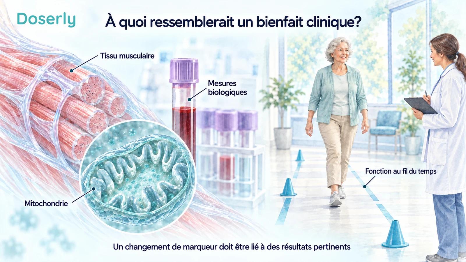 Illustrations de mesures musculaires et mitochondriales à côté d’une personne âgée passant une évaluation de la marche