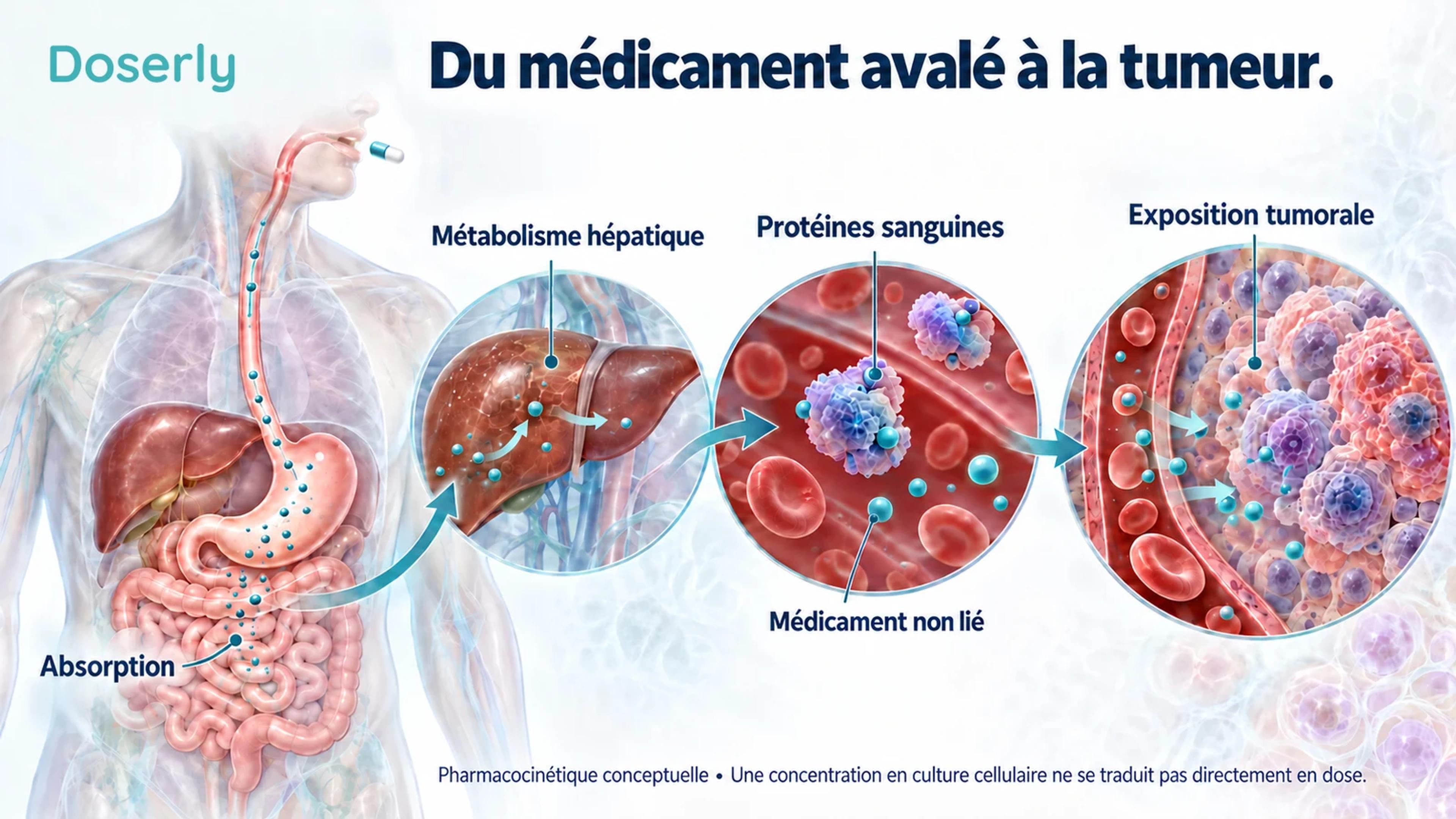 Trajet conceptuel d’un médicament de l’intestin aux tissus tumoraux, en passant par le foie et la circulation sanguine, distinguant le médicament lié du médicament disponible.