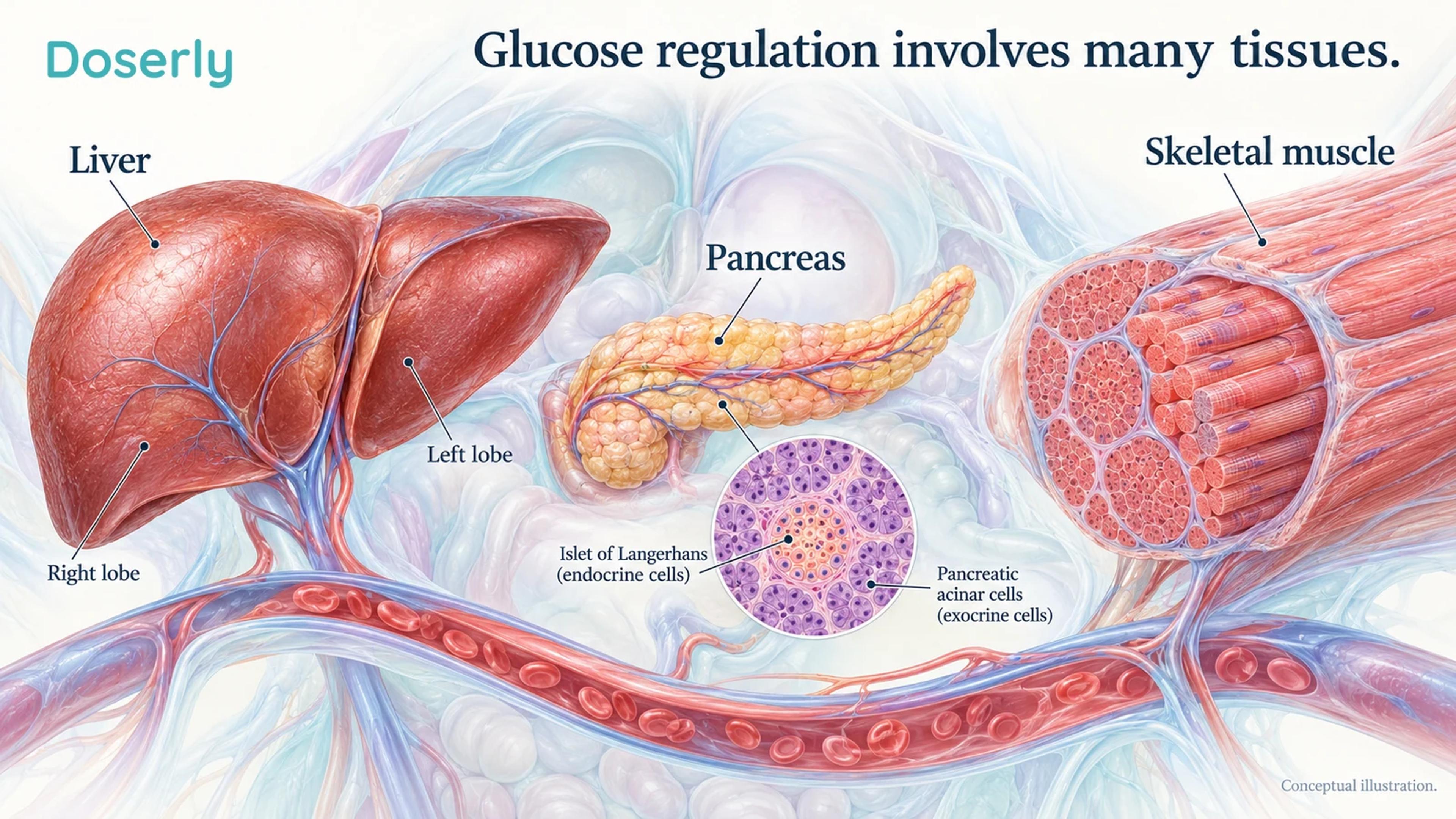 A conceptual physiological illustration shows liver, skeletal muscle and pancreatic tissue as distinct parts of glucose regulation.