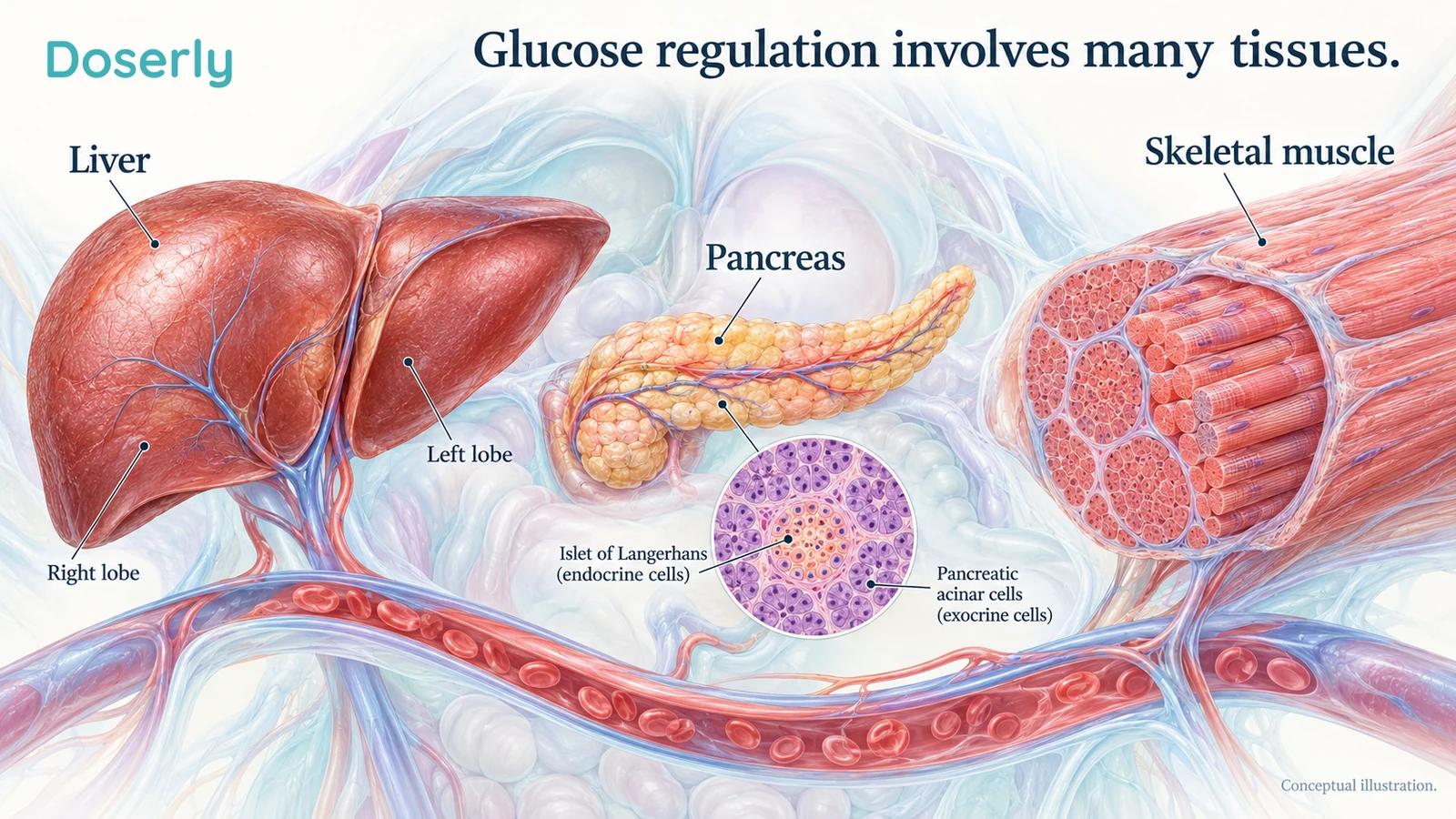 A conceptual physiological illustration shows liver, skeletal muscle and pancreatic tissue as distinct parts of glucose regulation.