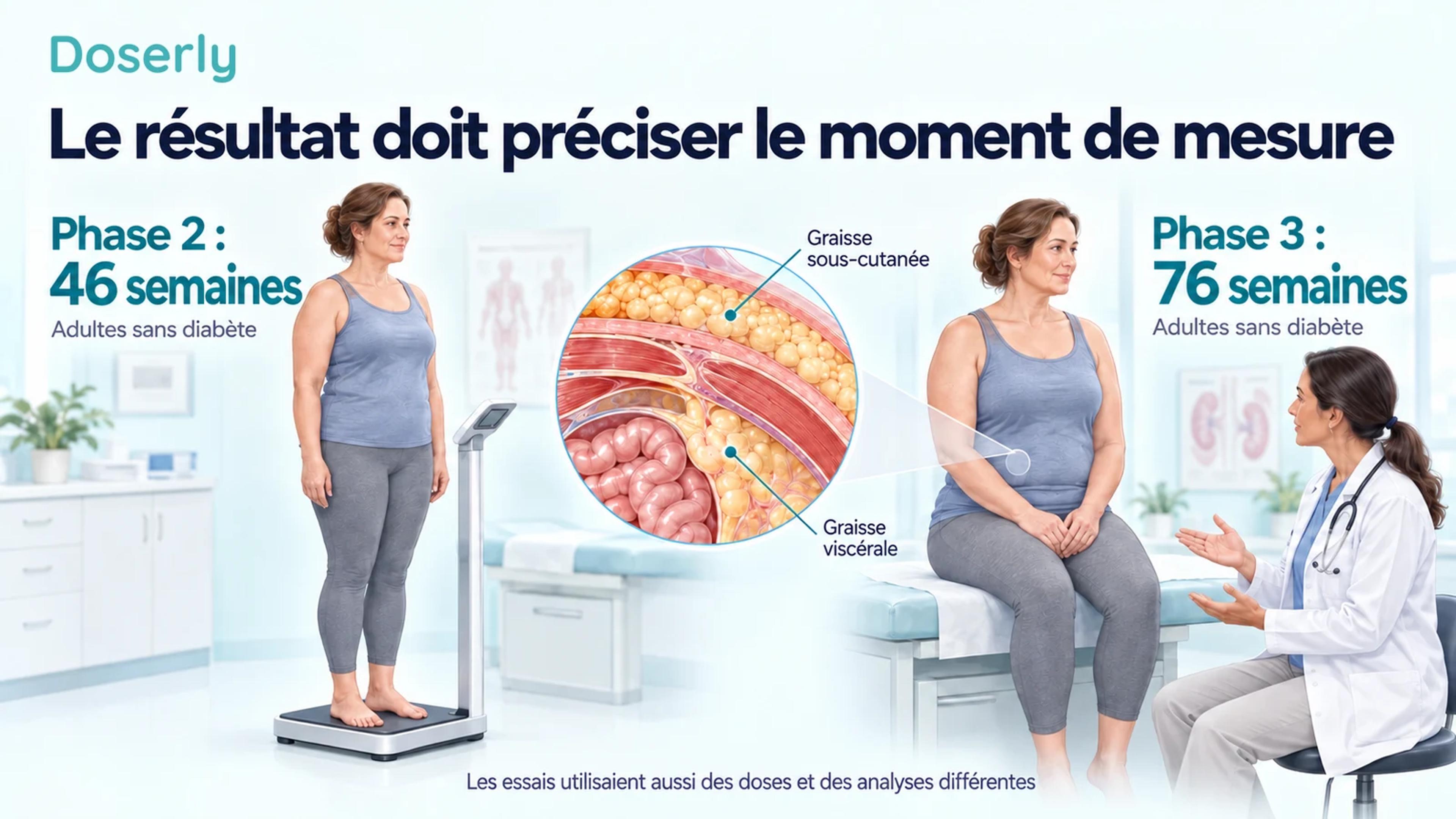Deux scènes cliniques conceptuelles portant les mentions phase 2 à 46 semaines et phase 3 à 76 semaines, avec un encadré illustrant le tissu adipeux.