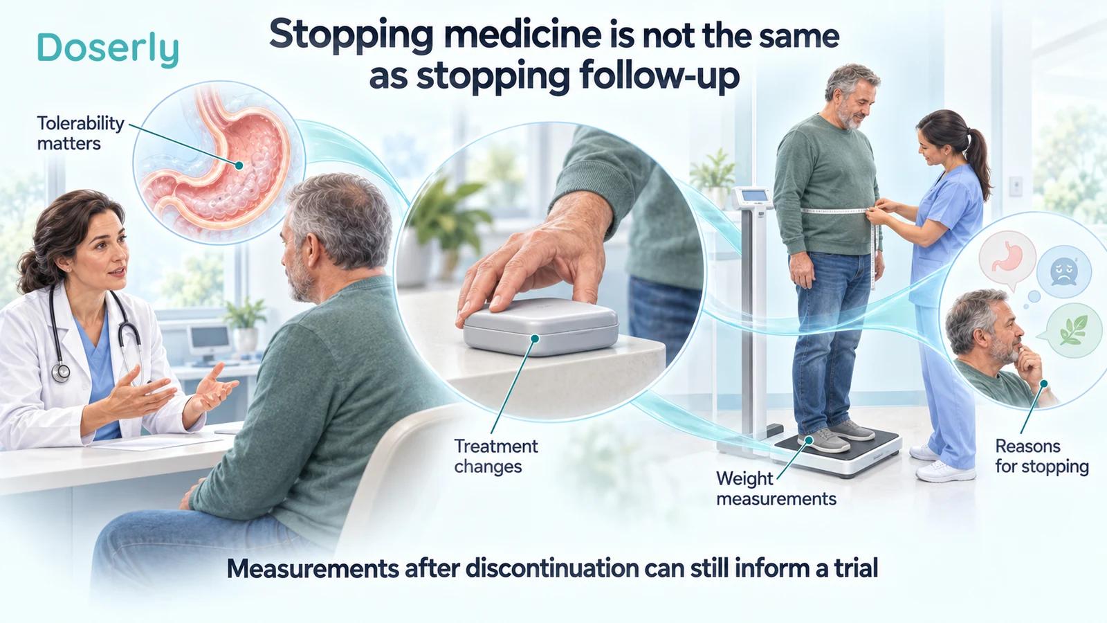 A patient discusses symptoms, sets aside a medicine case and returns for weight and waist measurements.