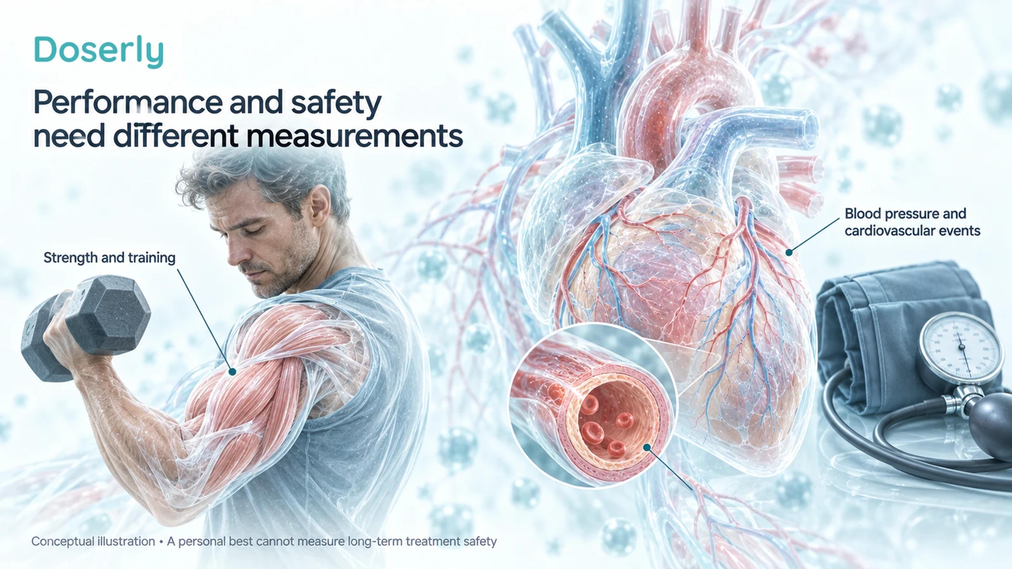 A man lifting a dumbbell beside conceptual heart and artery anatomy and a separate blood-pressure cuff.