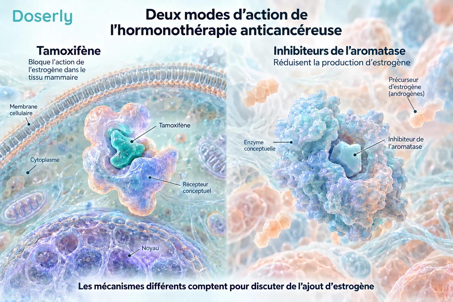 Représentation conceptuelle du blocage d’un récepteur par le tamoxifène et de l’inhibition d’une enzyme par un inhibiteur de l’aromatase.
