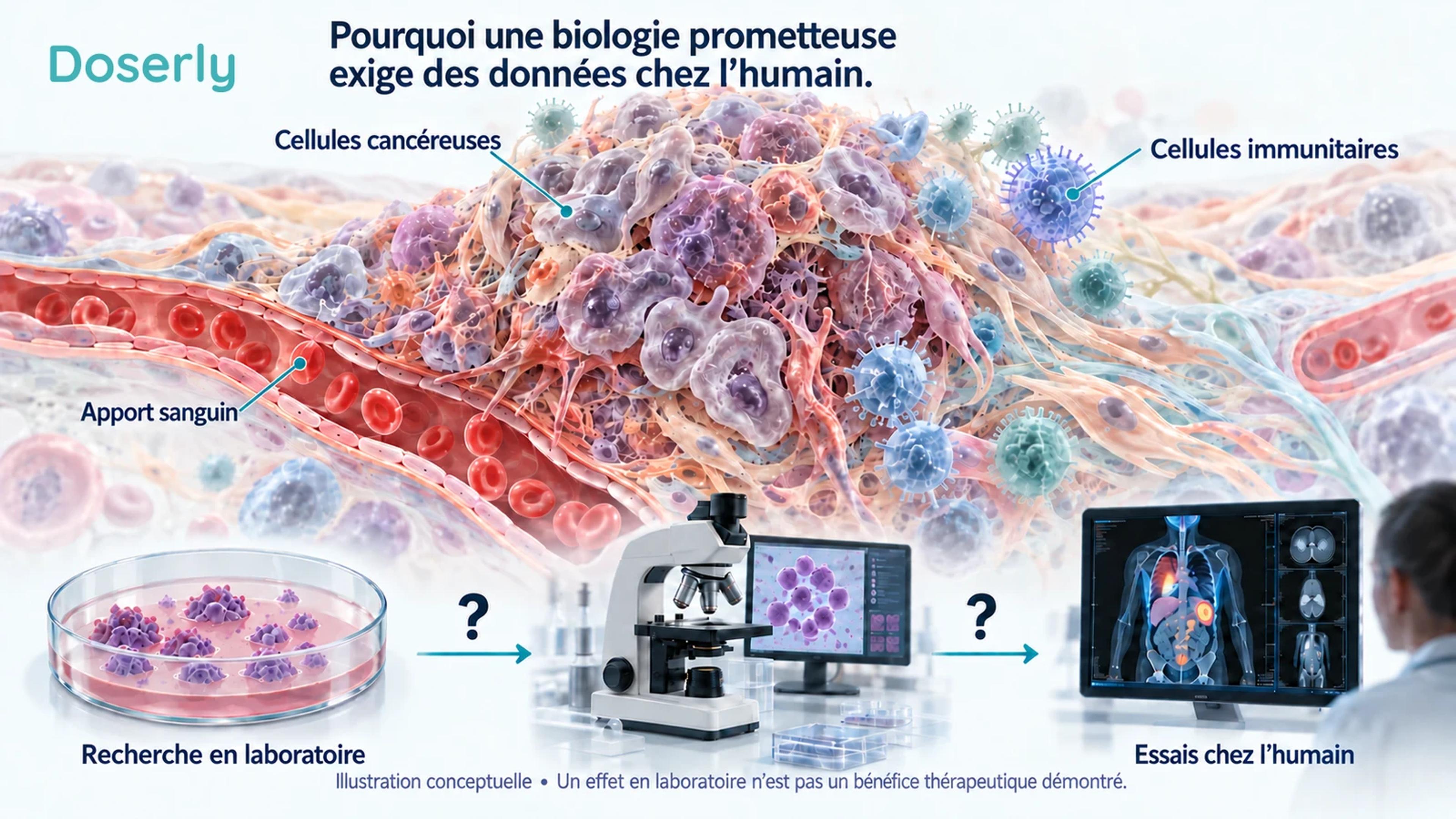 Illustration conceptuelle reliant la biologie tumorale, les expériences de laboratoire et l’évaluation clinique, avec des points d’interrogation entre les étapes de recherche.
