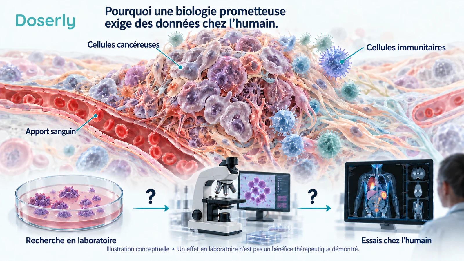 Illustration conceptuelle reliant la biologie tumorale, les expériences de laboratoire et l’évaluation clinique, avec des points d’interrogation entre les étapes de recherche.