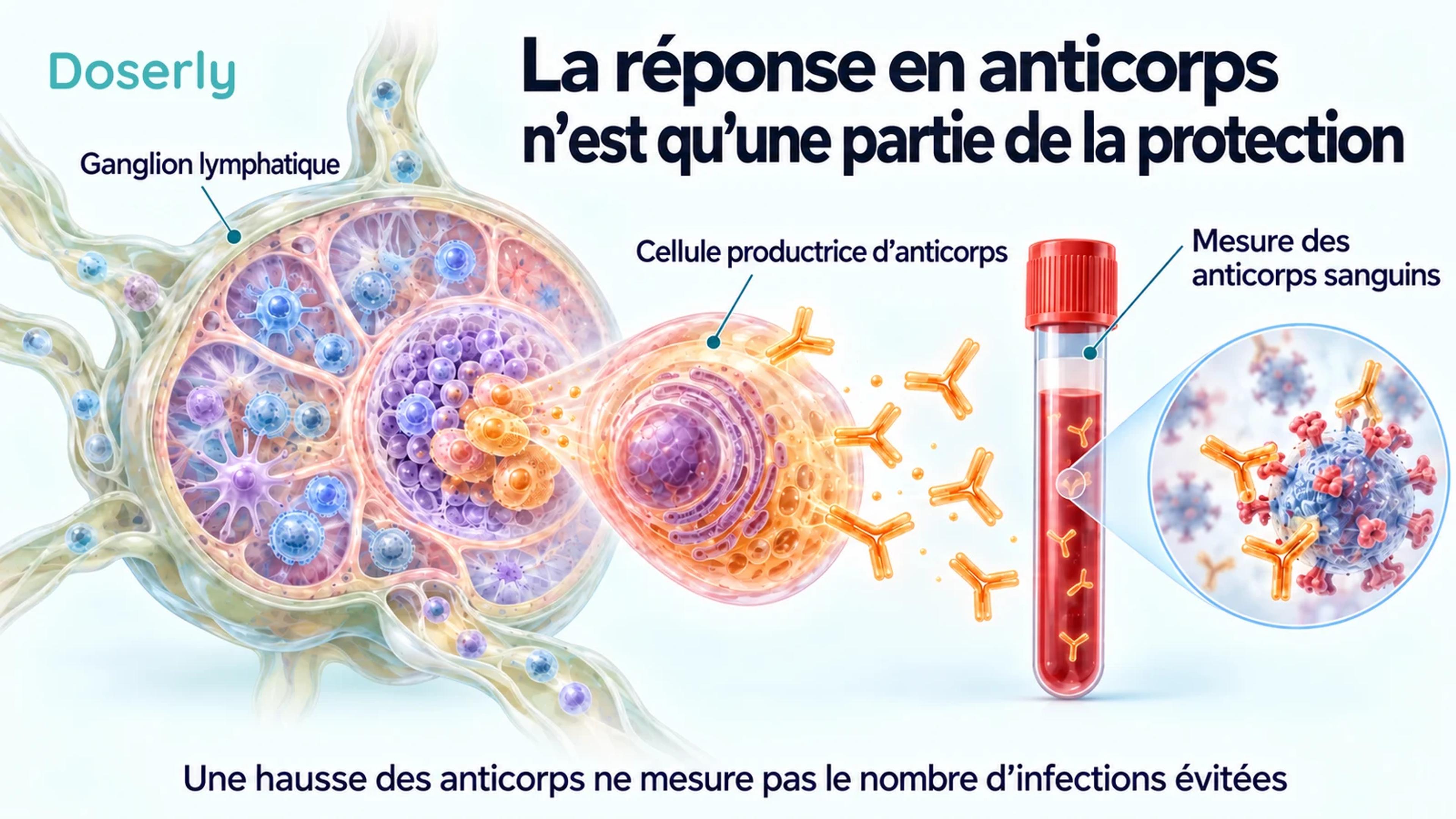 Un ganglion lymphatique, une cellule productrice d’anticorps et un échantillon sanguin illustrent les tests d’anticorps après la vaccination.