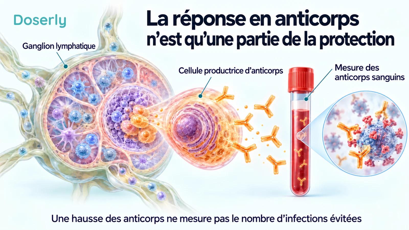 Un ganglion lymphatique, une cellule productrice d’anticorps et un échantillon sanguin illustrent les tests d’anticorps après la vaccination.