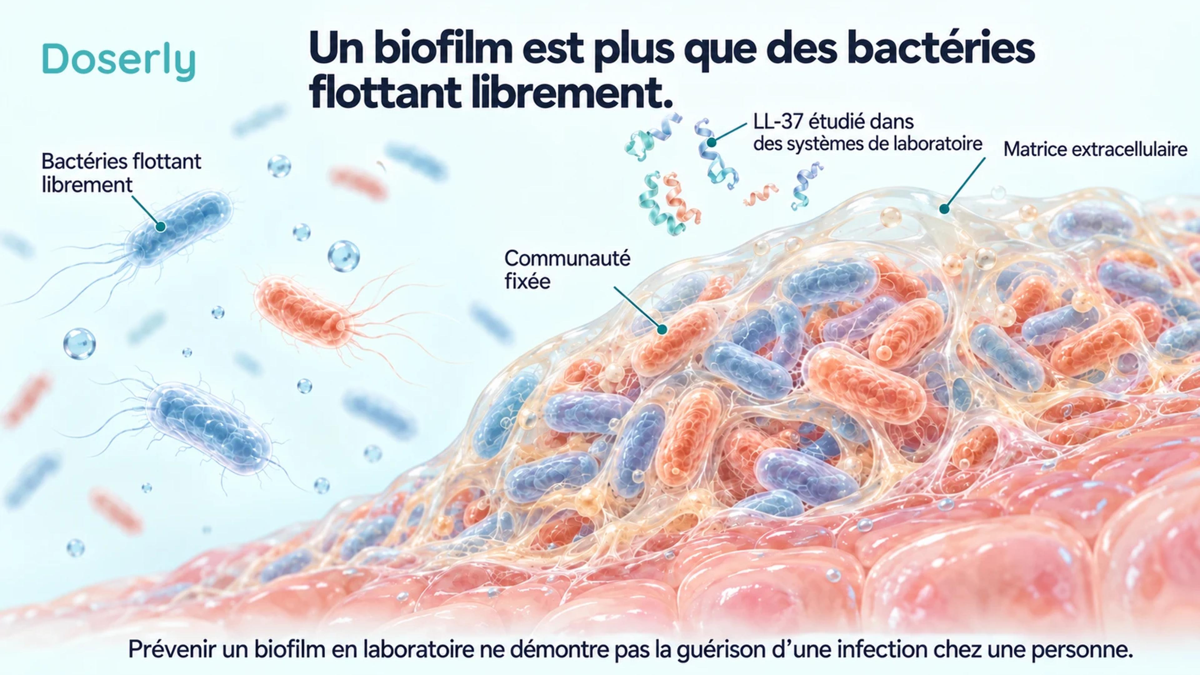 Illustration conceptuelle détaillée d’un biofilm bactérien fixé à un tissu, à côté de bactéries flottant librement dans un liquide.