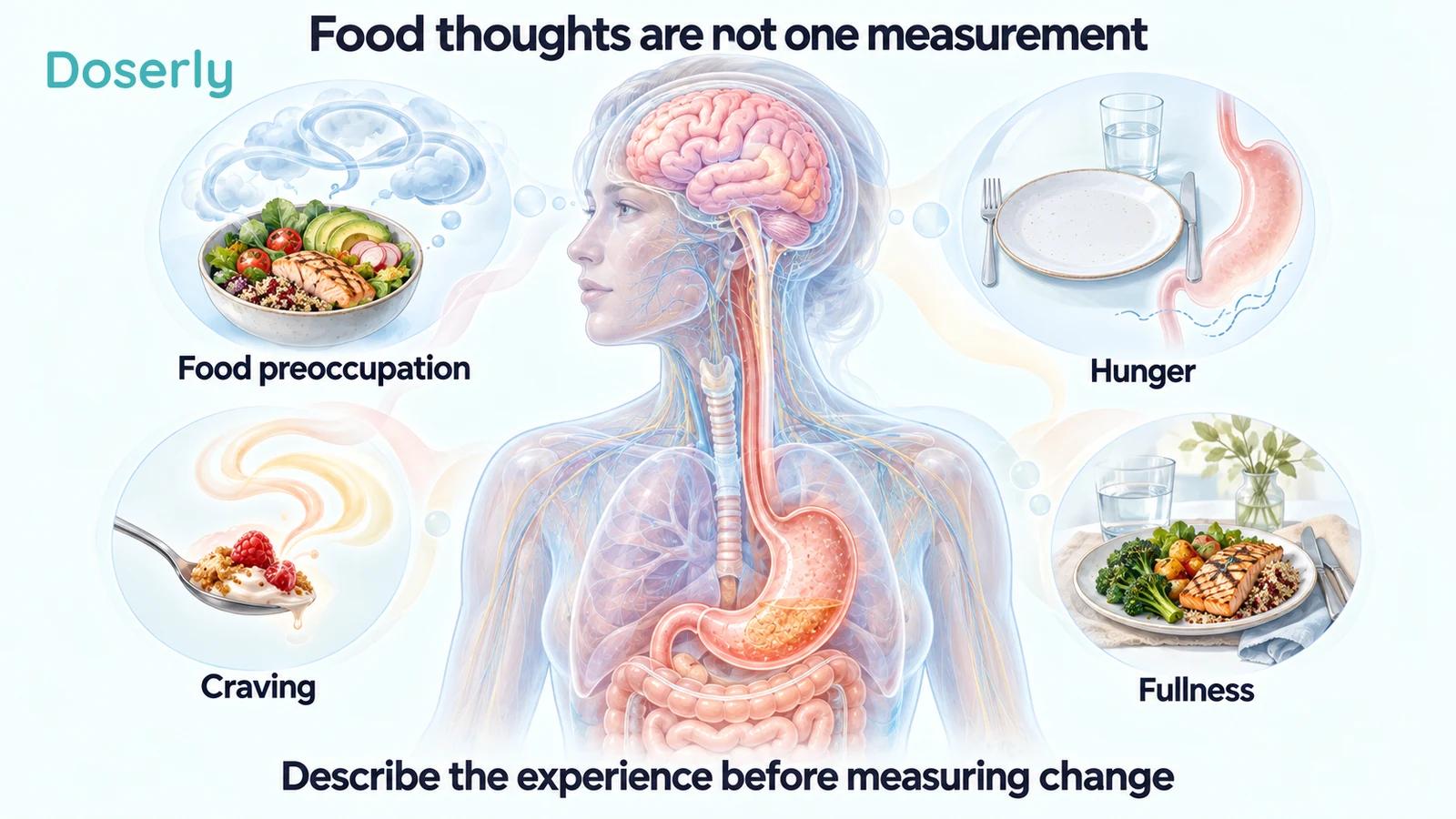 Food preoccupation, hunger, craving and fullness surround a detailed anatomical illustration