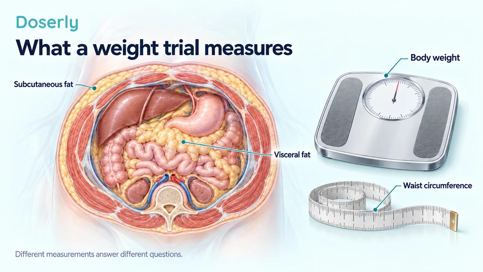 Medical illustration of abdominal fat compartments beside a scale and measuring tape, distinguishing body weight, waist circumference, visceral fat and subcutaneous fat.
