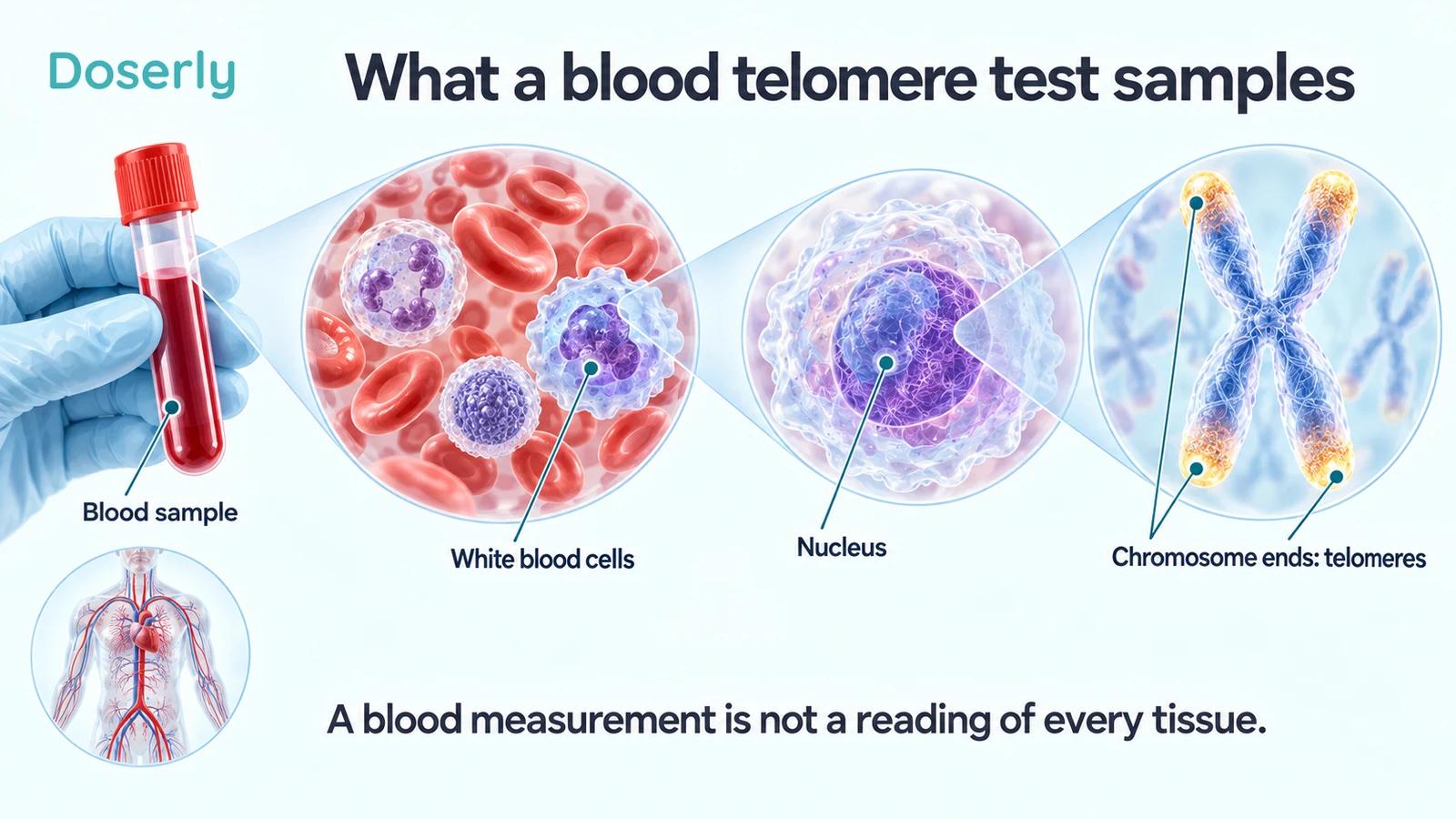 A blood sample enlarged to show white blood cells, a nucleus and the telomere-containing ends of a chromosome.