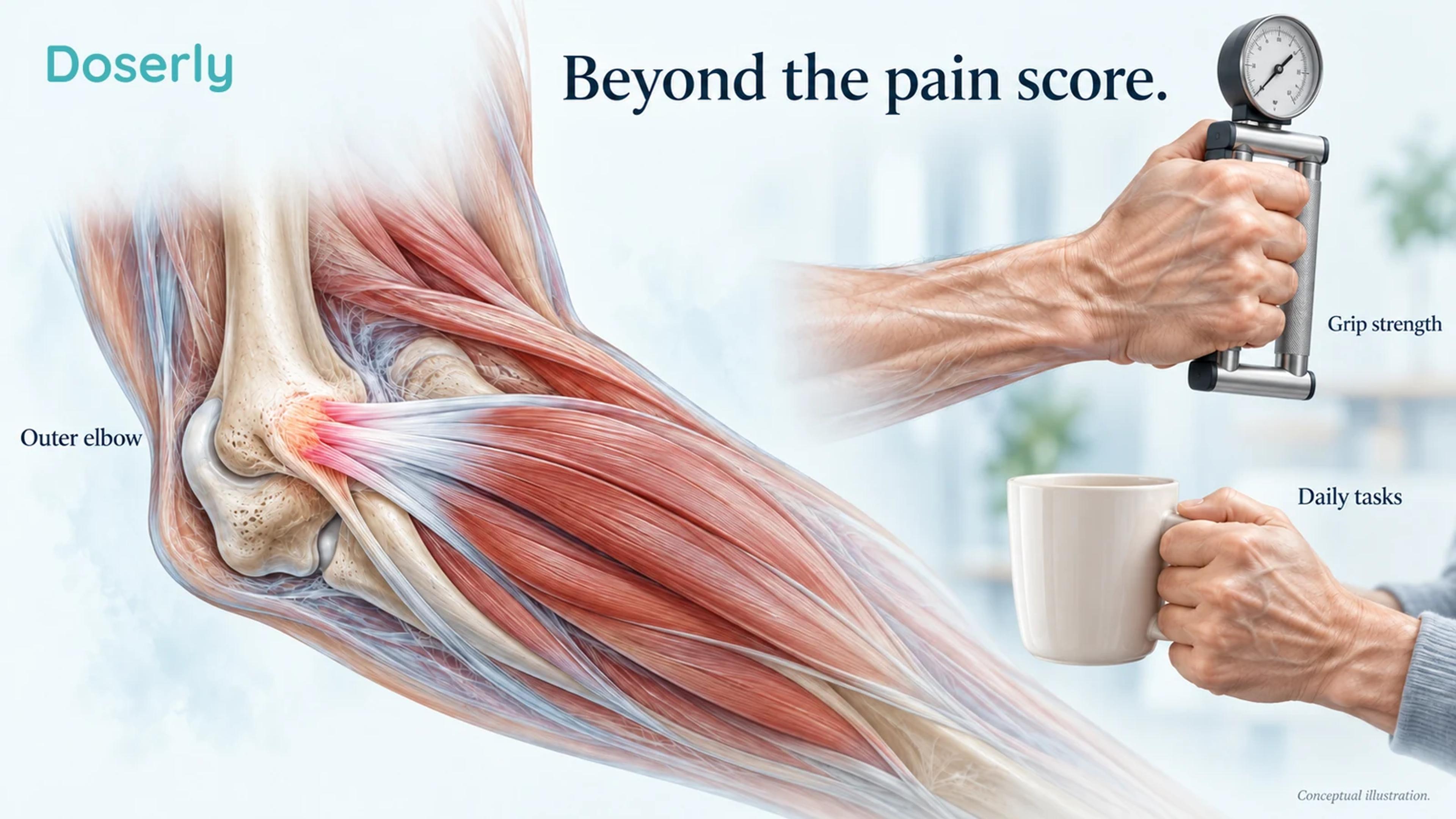Anatomical illustration of the outer elbow tendon attachment alongside a grip-strength assessment and a hand lifting a household mug.