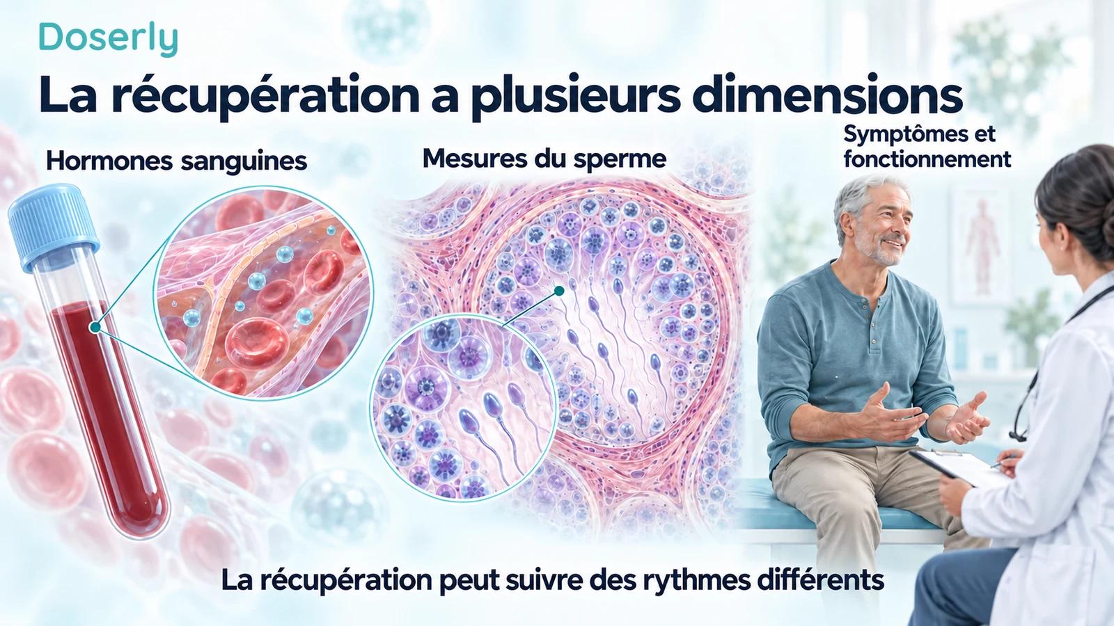 Un échantillon de sang, du tissu reproducteur au microscope et une discussion clinique illustrent les résultats hormonaux, spermatiques et symptomatiques.
