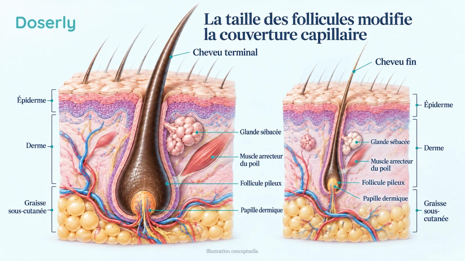Des follicules conceptuels détaillés du cuir chevelu illustrent un cheveu de plein calibre et un follicule miniaturisé, sans flèche de traitement.