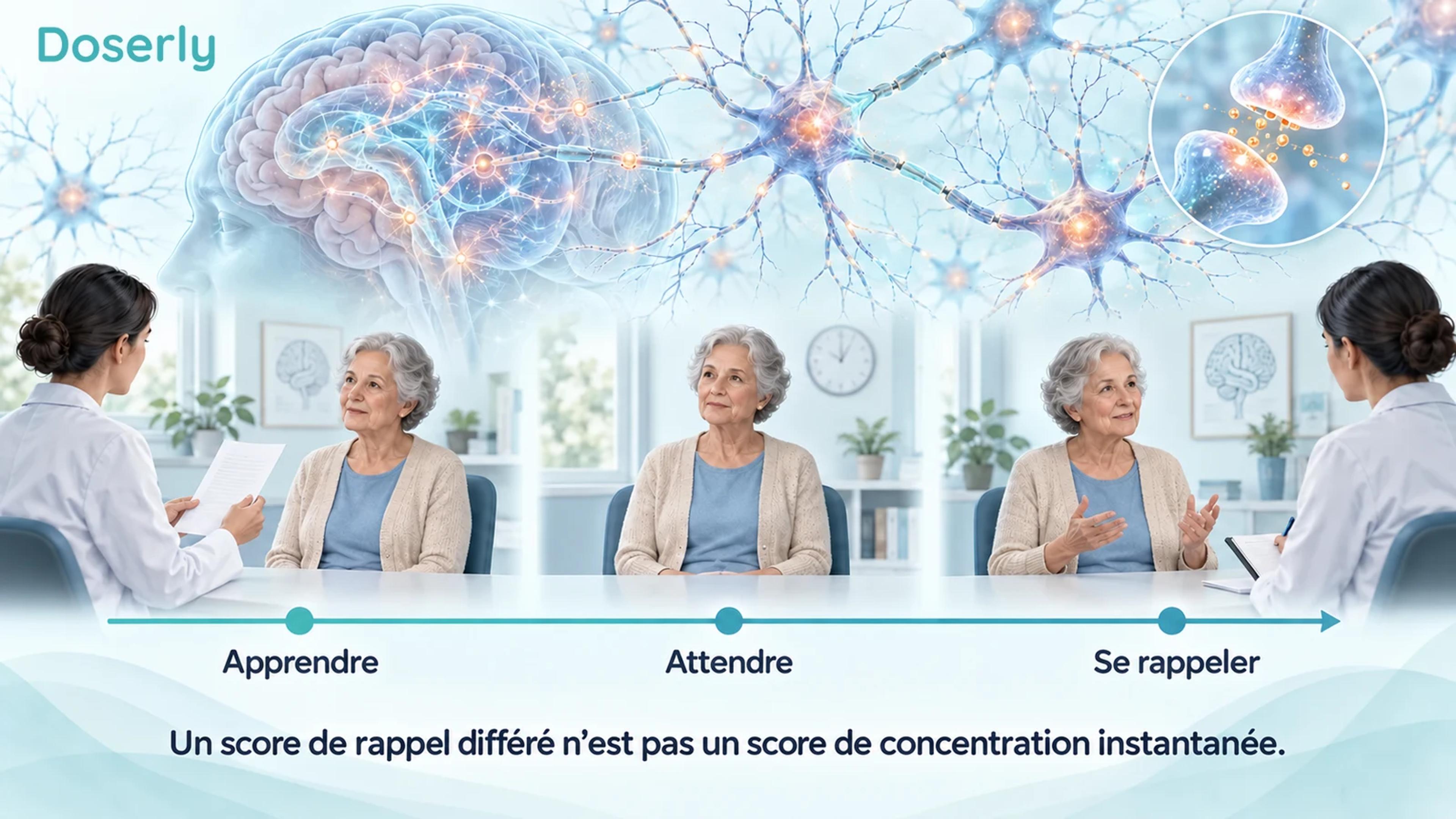 Une personne âgée apprend de l’information, attend et la rappelle dans une séquence de tests illustrée, accompagnée d’une représentation conceptuelle de neurones.
