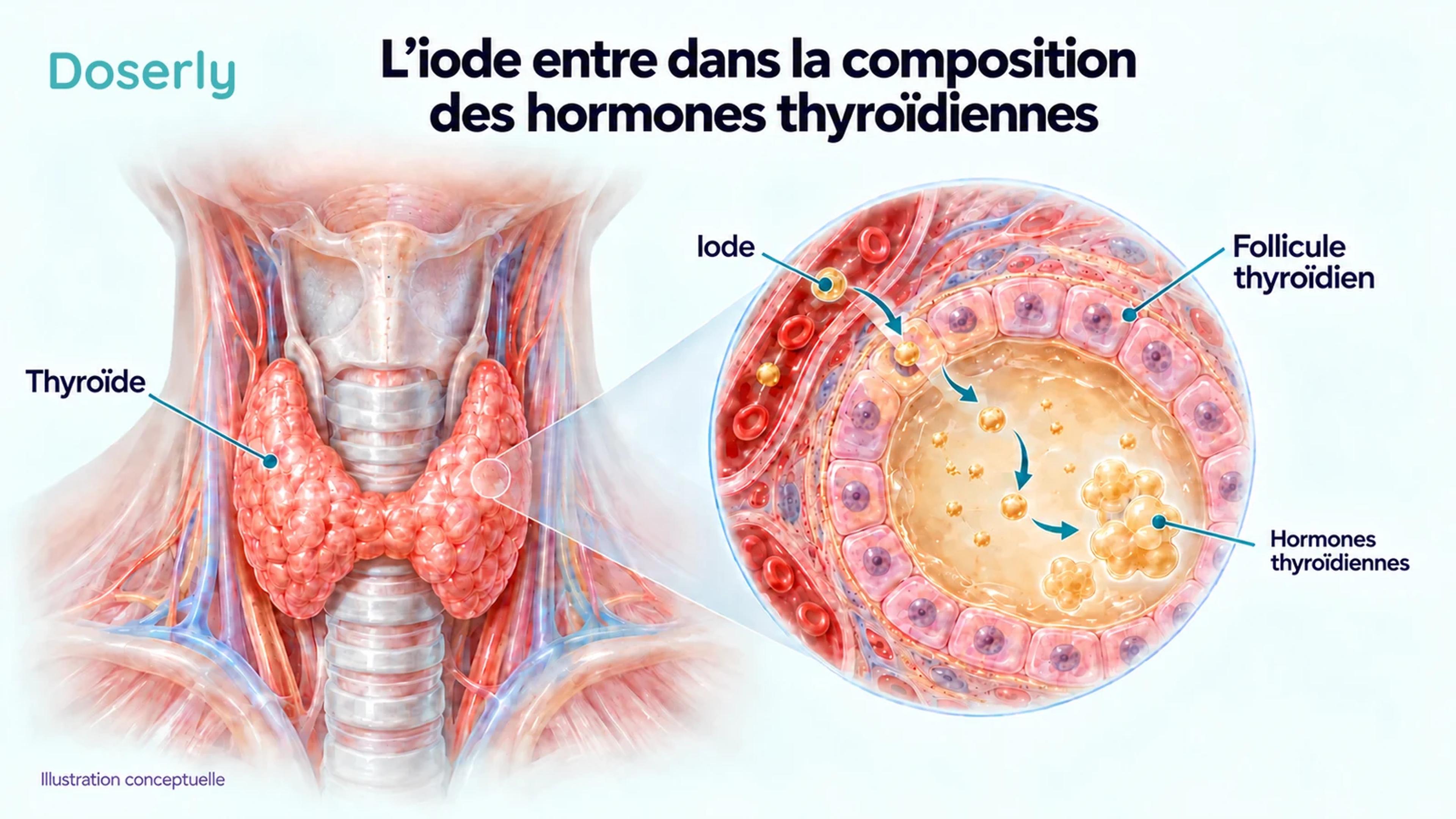 Une représentation anatomique de la thyroïde et un follicule agrandi montrent l’iode entrant dans le processus régulé de production des hormones thyroïdiennes.
