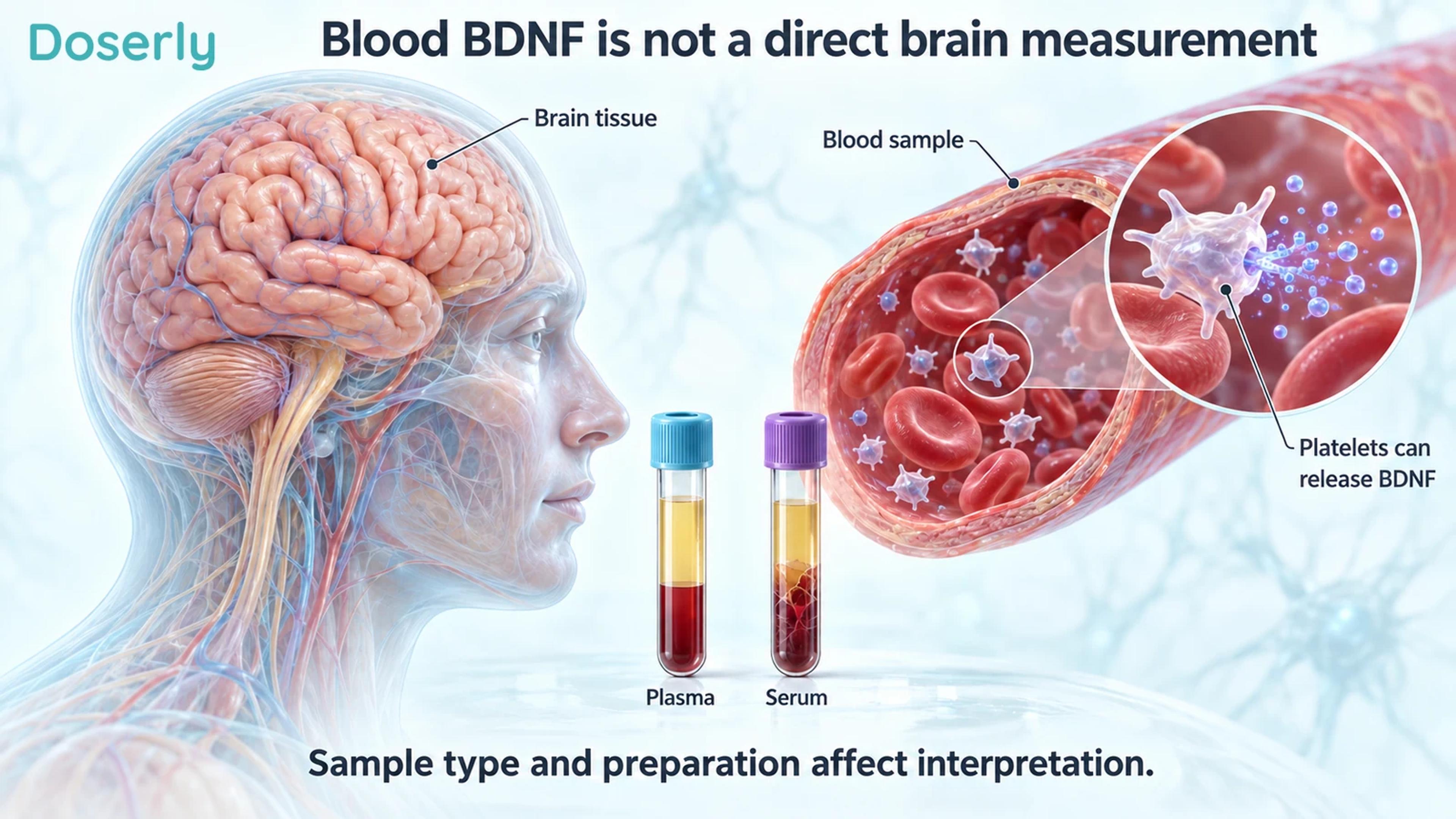 Brain tissue beside a separate blood vessel, platelet BDNF release and plasma and serum sample tubes.