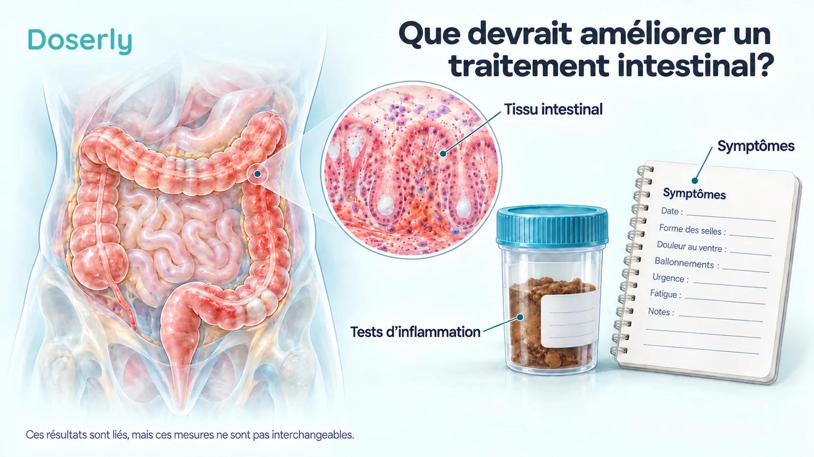 Un côlon humain et du tissu muqueux agrandi, à côté d’un contenant à prélèvement et d’un journal des symptômes, illustrent différentes façons d’évaluer une maladie intestinale.