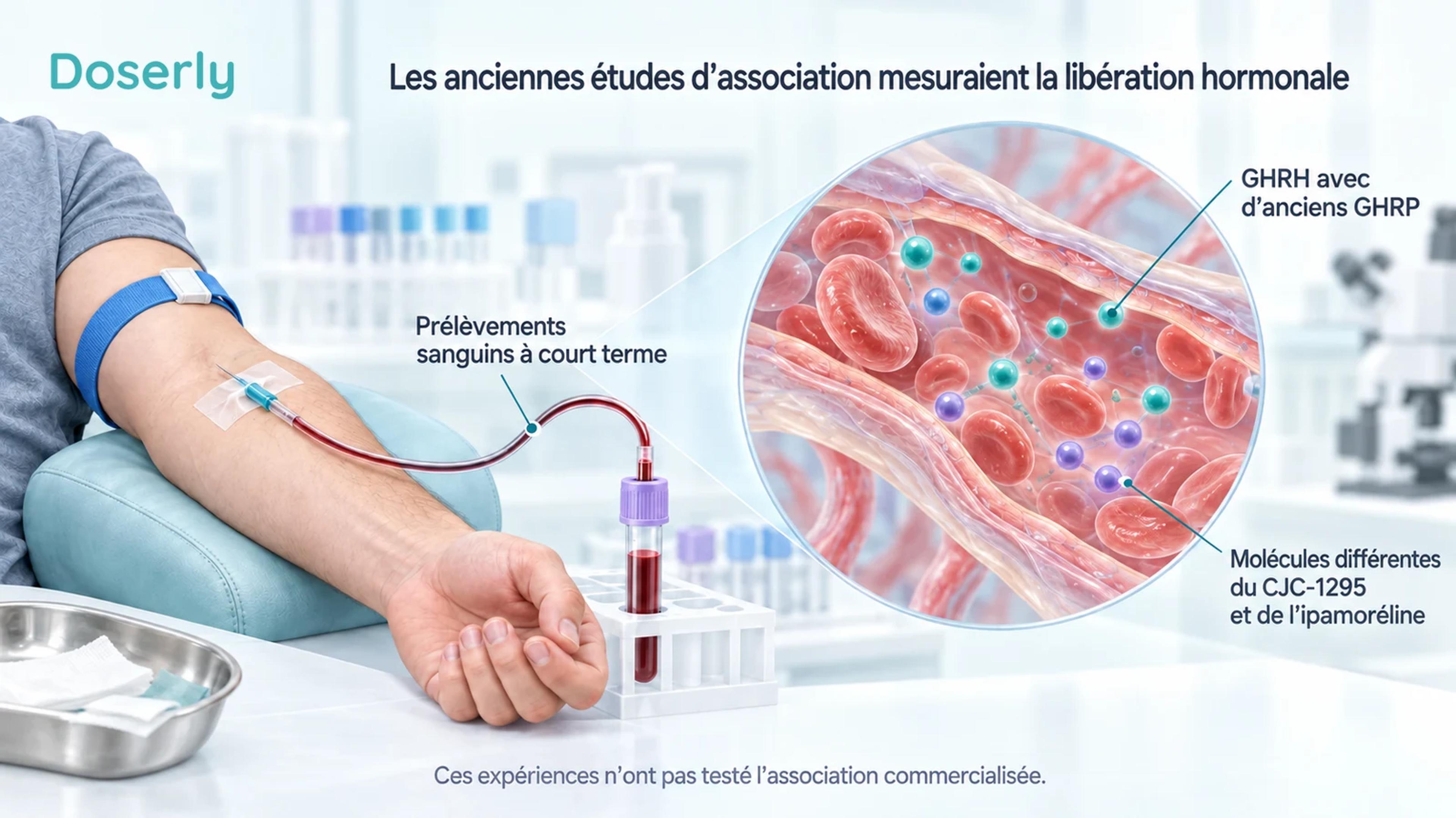 Un prélèvement sanguin clinique à côté d’un vaisseau sanguin agrandi illustre les mesures hormonales à court terme utilisées dans les anciennes expériences d’association.