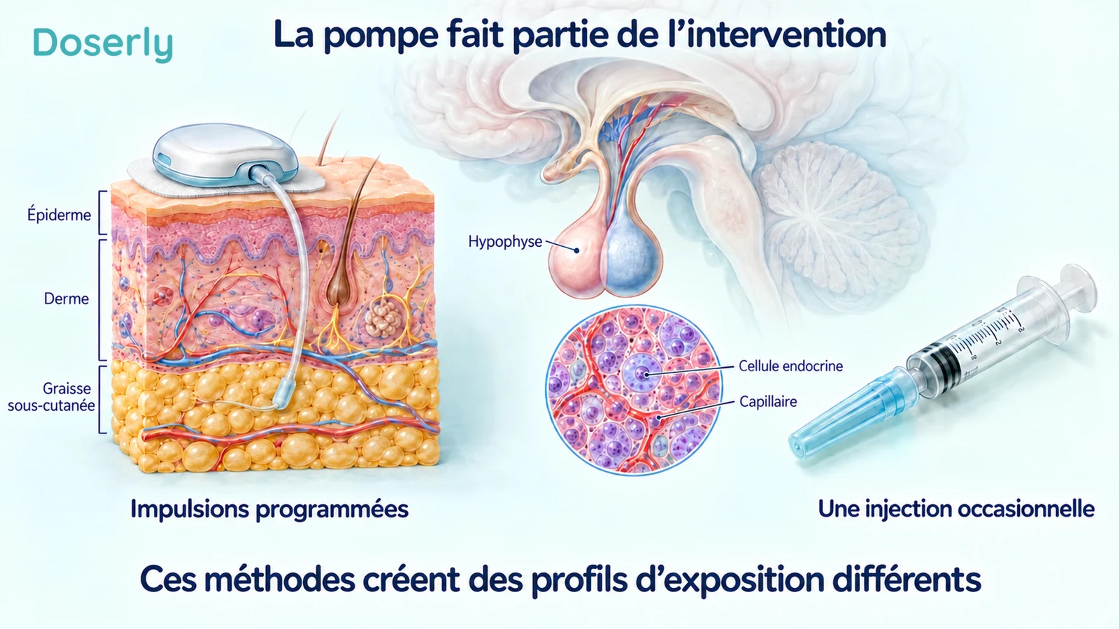 Une pompe sous-cutanée et une seringue avec capuchon illustrées à côté de l’anatomie hypophysaire et d’un encadré indépendant de cellule endocrine montrent des schémas d’administration distincts.