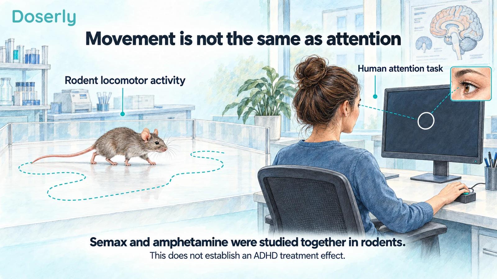 A mouse moving through an experimental arena beside a separate adult performing a computer attention task.