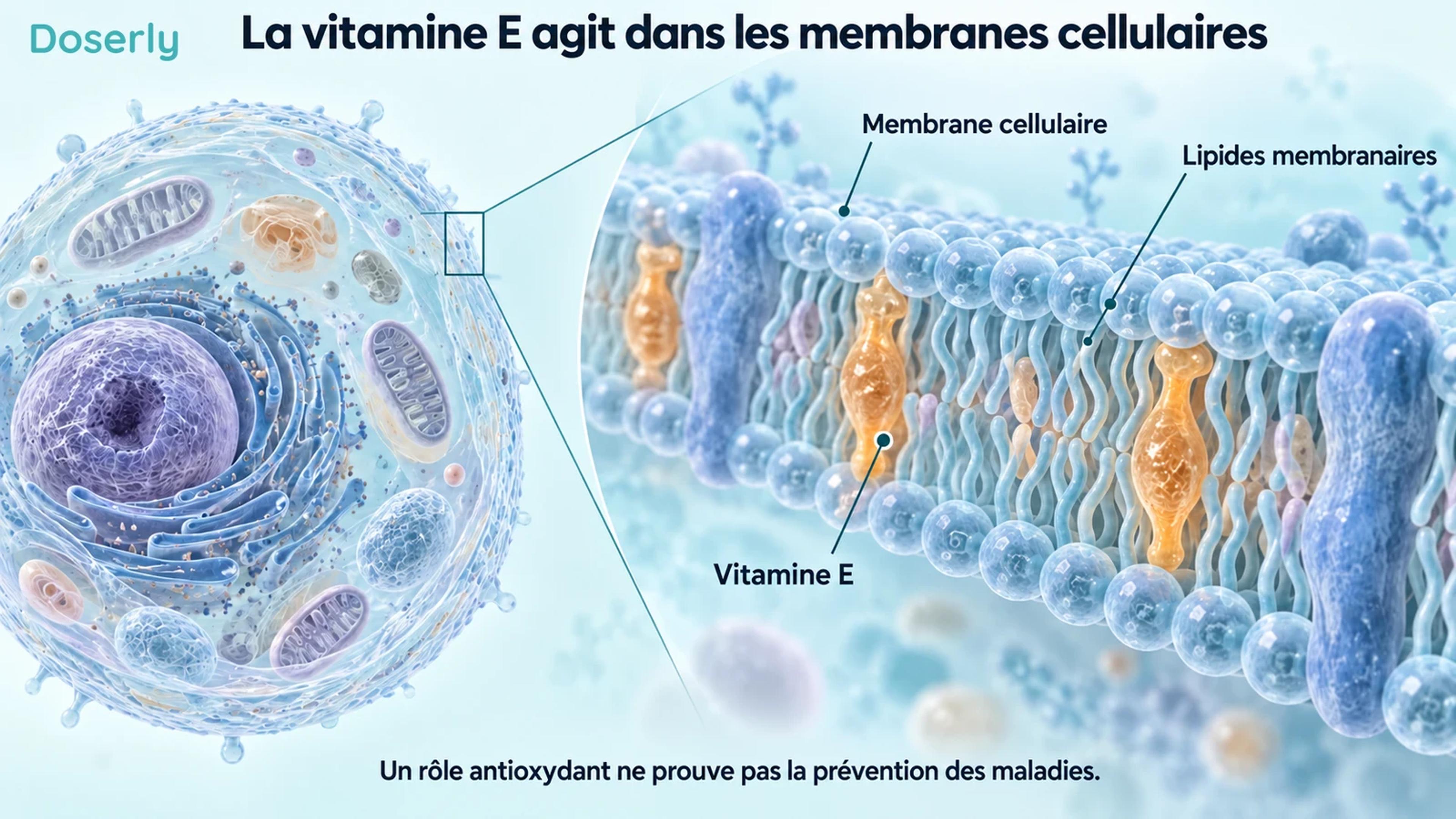Cellule humaine et membrane lipidique agrandie avec des formes simplifiées représentant la vitamine E.