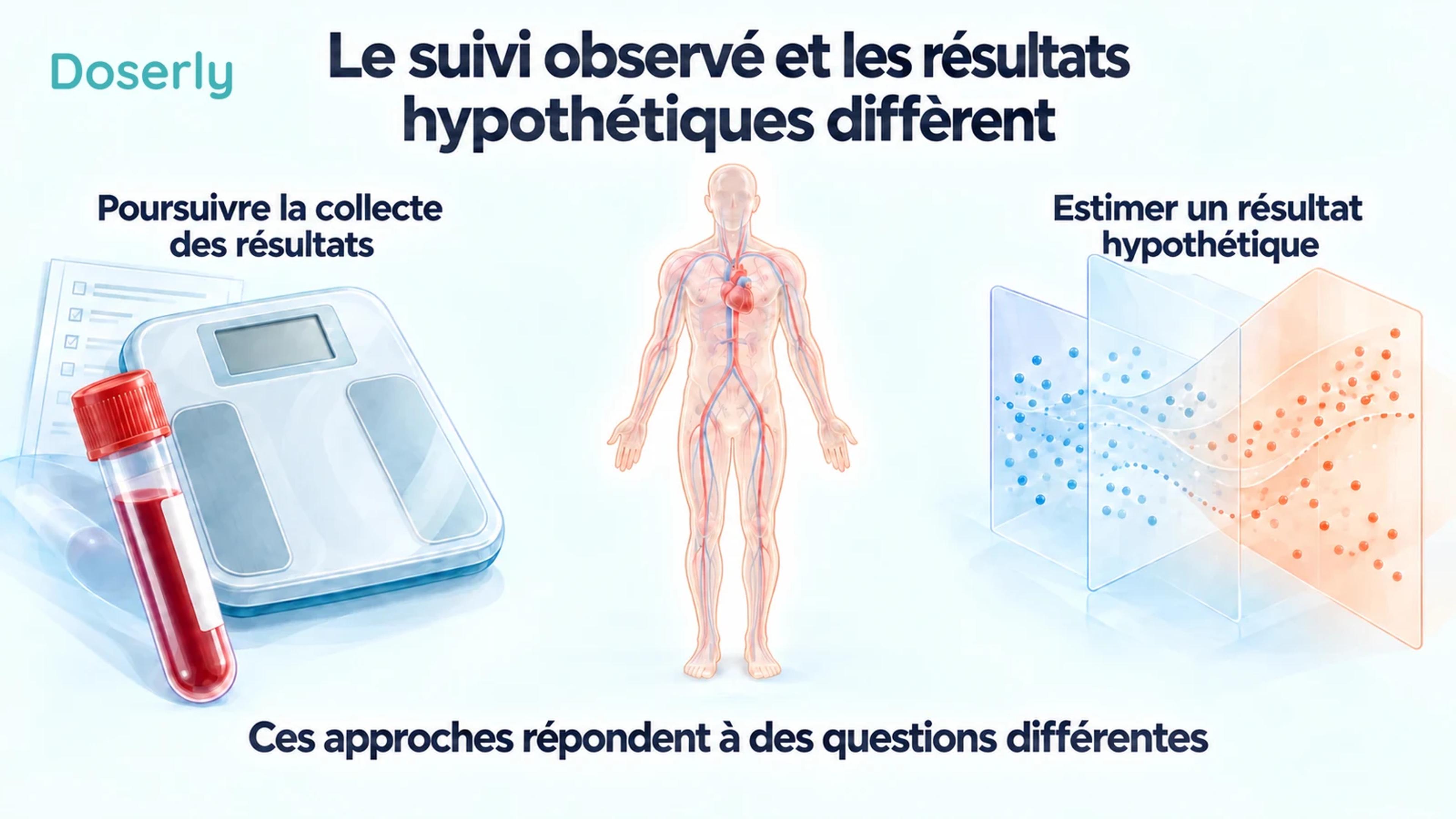 Une balance clinique et un échantillon de sang représentent les résultats recueillis, tandis qu’une feuille statistique abstraite représente une estimation hypothétique du résultat.