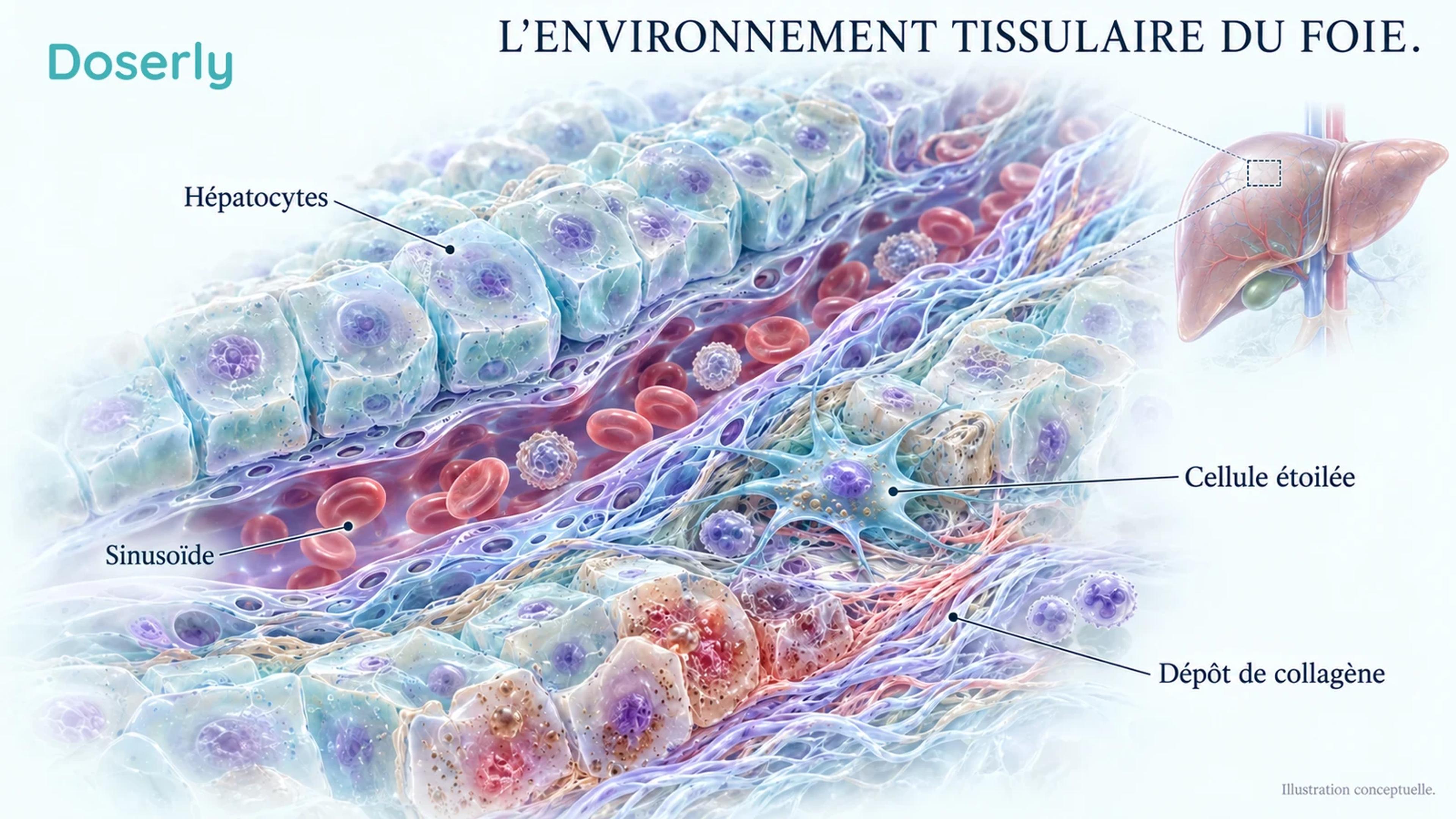 Lobule hépatique avec des hépatocytes, des canaux sinusoïdaux, des cellules étoilées et un dépôt localisé de collagène autour du tissu lésé