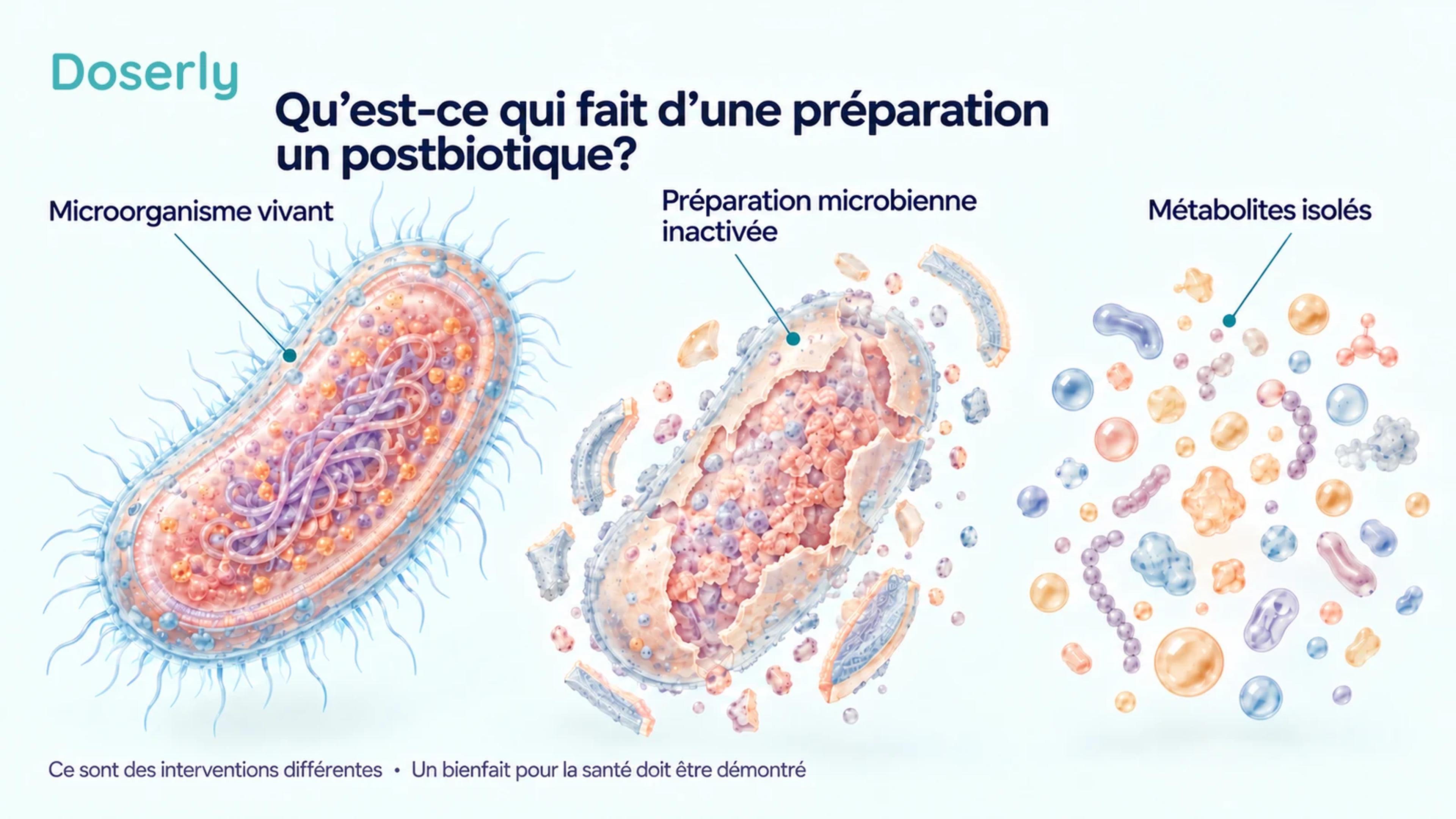Illustrations conceptuelles d’une cellule bactérienne vivante, d’une préparation microbienne inactivée contenant des cellules et des fragments, et de métabolites isolés présentés séparément.