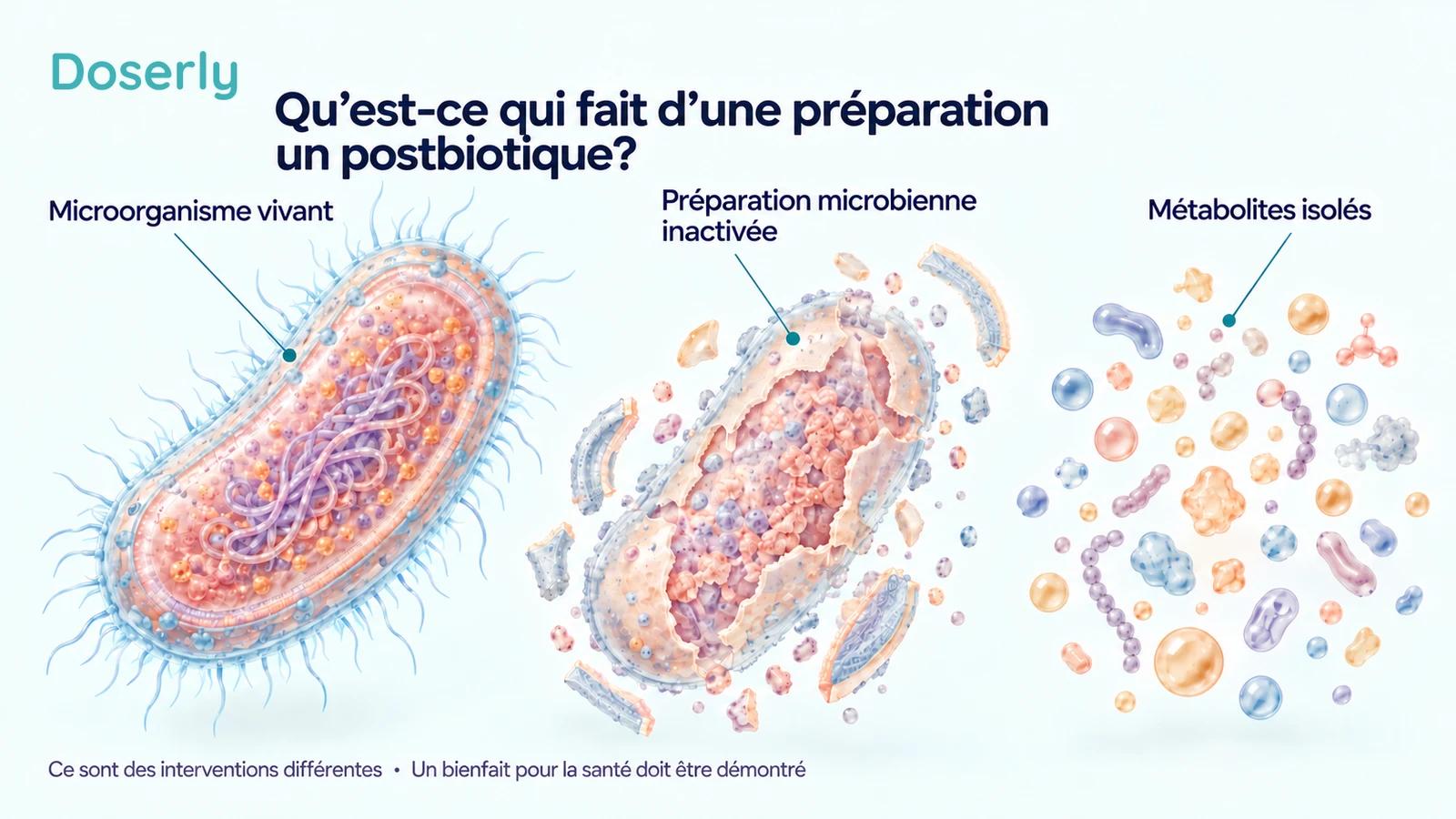Illustrations conceptuelles d’une cellule bactérienne vivante, d’une préparation microbienne inactivée contenant des cellules et des fragments, et de métabolites isolés présentés séparément.