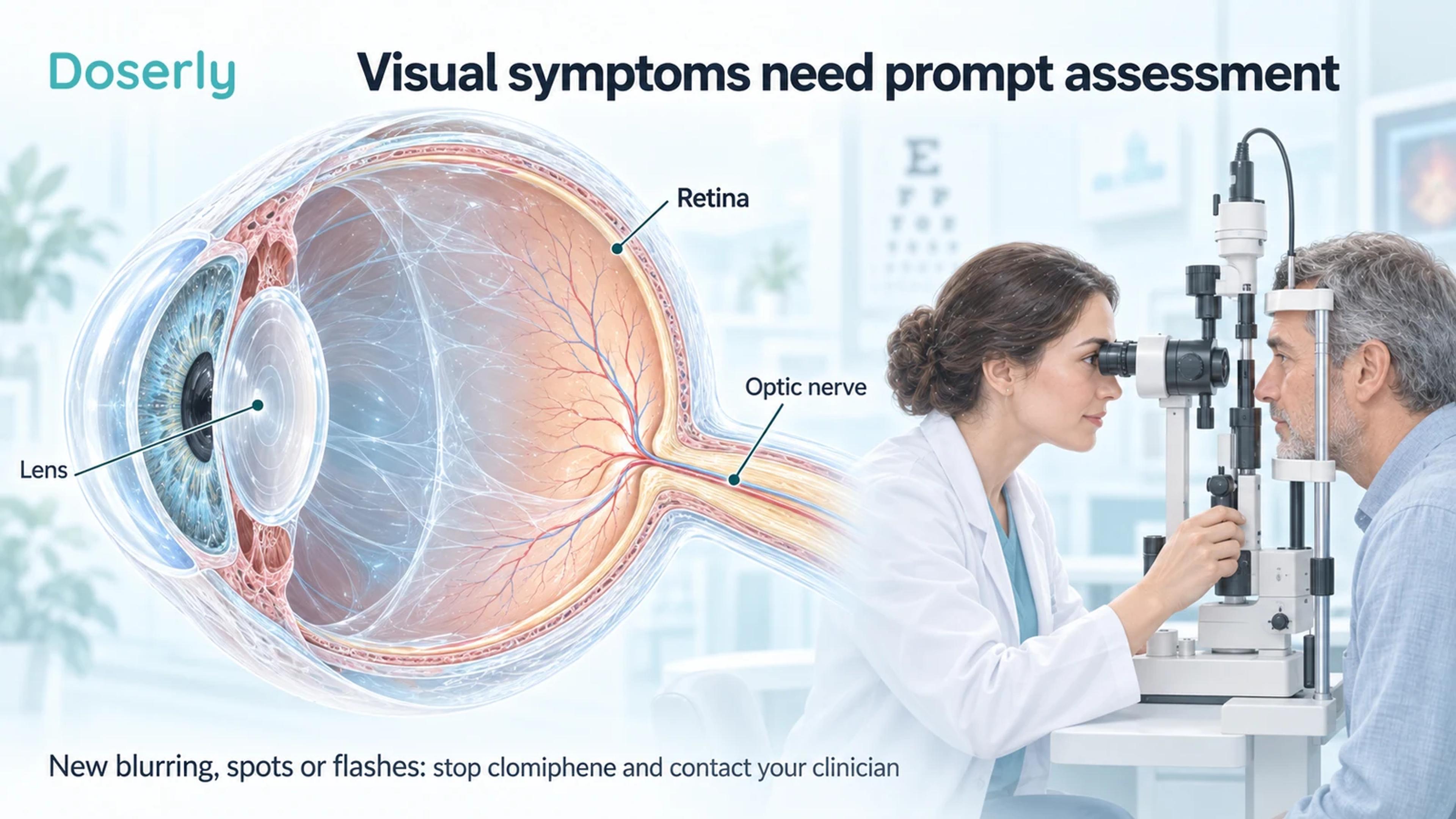 Normal eye cutaway labels the lens, retina and optic nerve beside an adult patient having a slit-lamp examination.