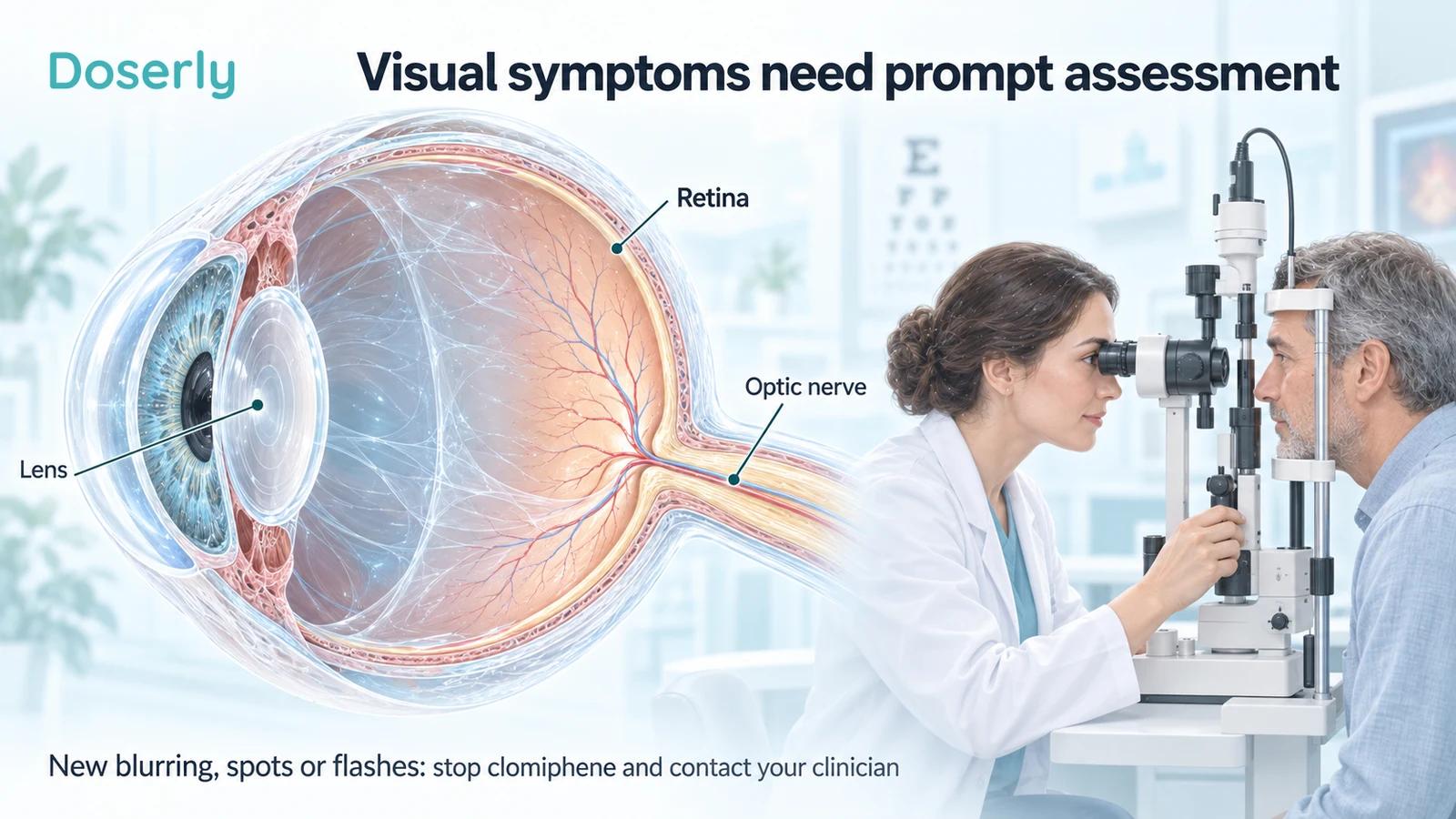Normal eye cutaway labels the lens, retina and optic nerve beside an adult patient having a slit-lamp examination.