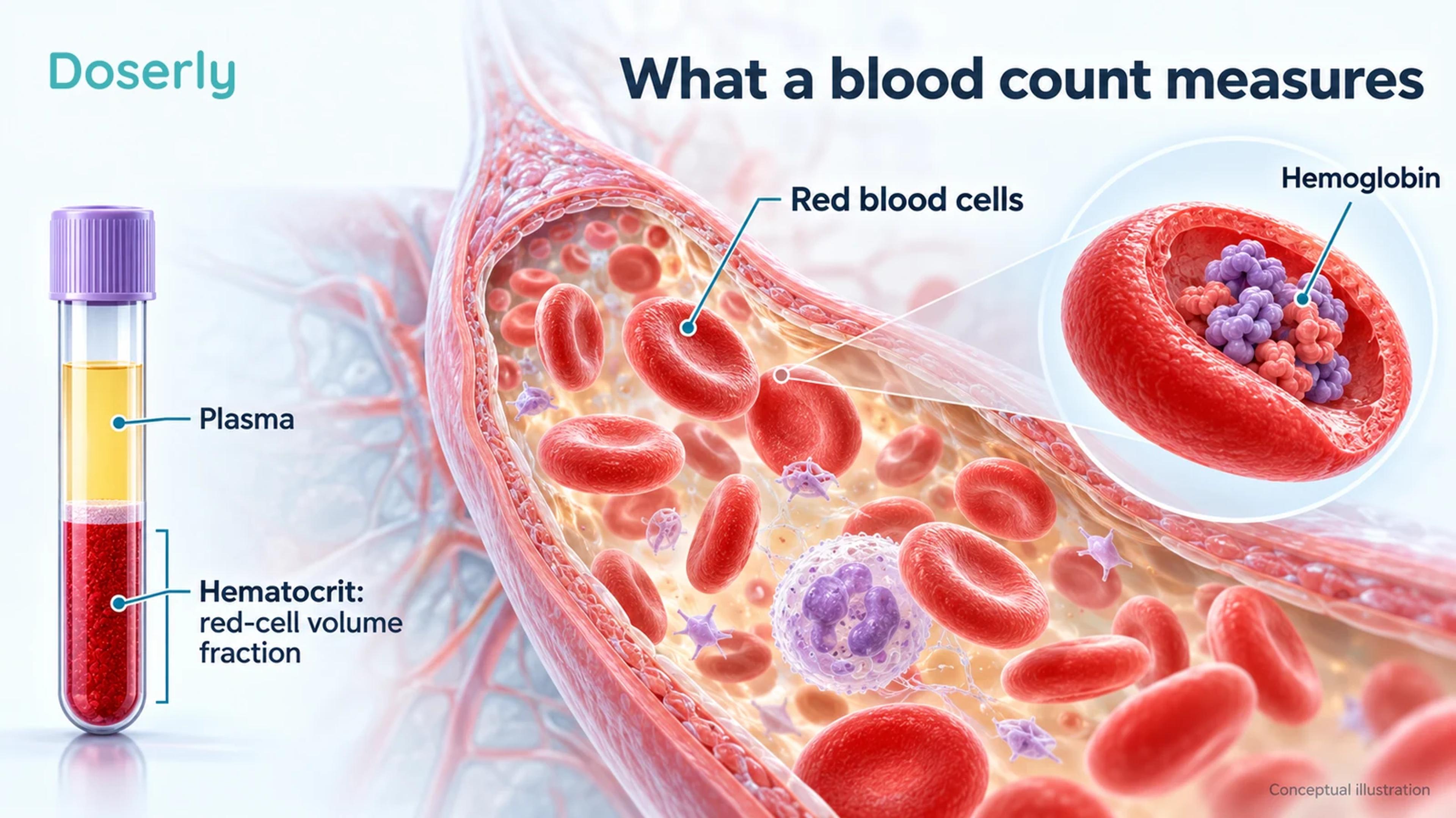 Blood cells and plasma in a vessel, a separated sample and a magnified red cell distinguish hematocrit from hemoglobin.