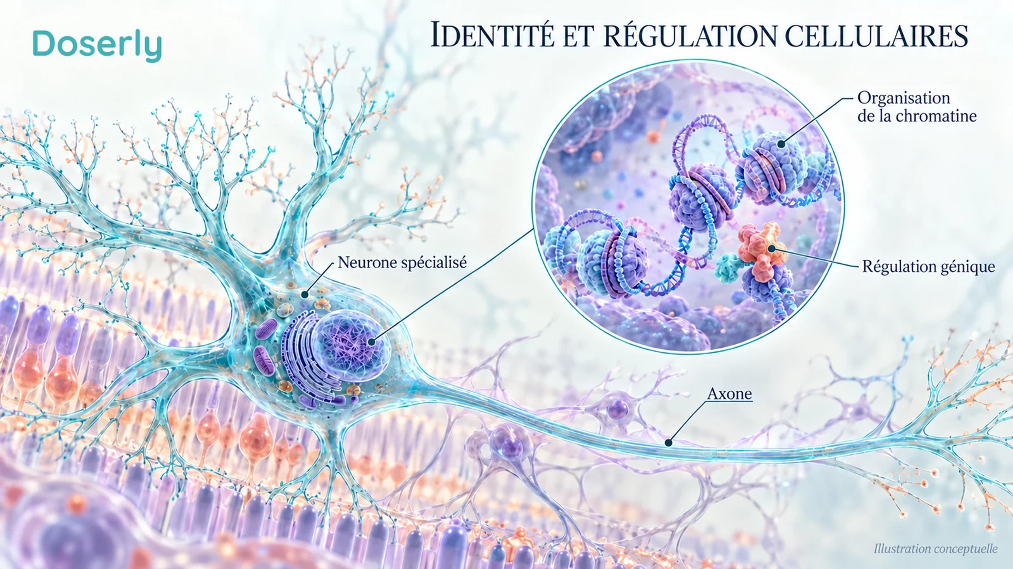 Cellule ganglionnaire rétinienne et noyau agrandi montrant l’organisation de la chromatine, avec le long axone de la cellule préservé