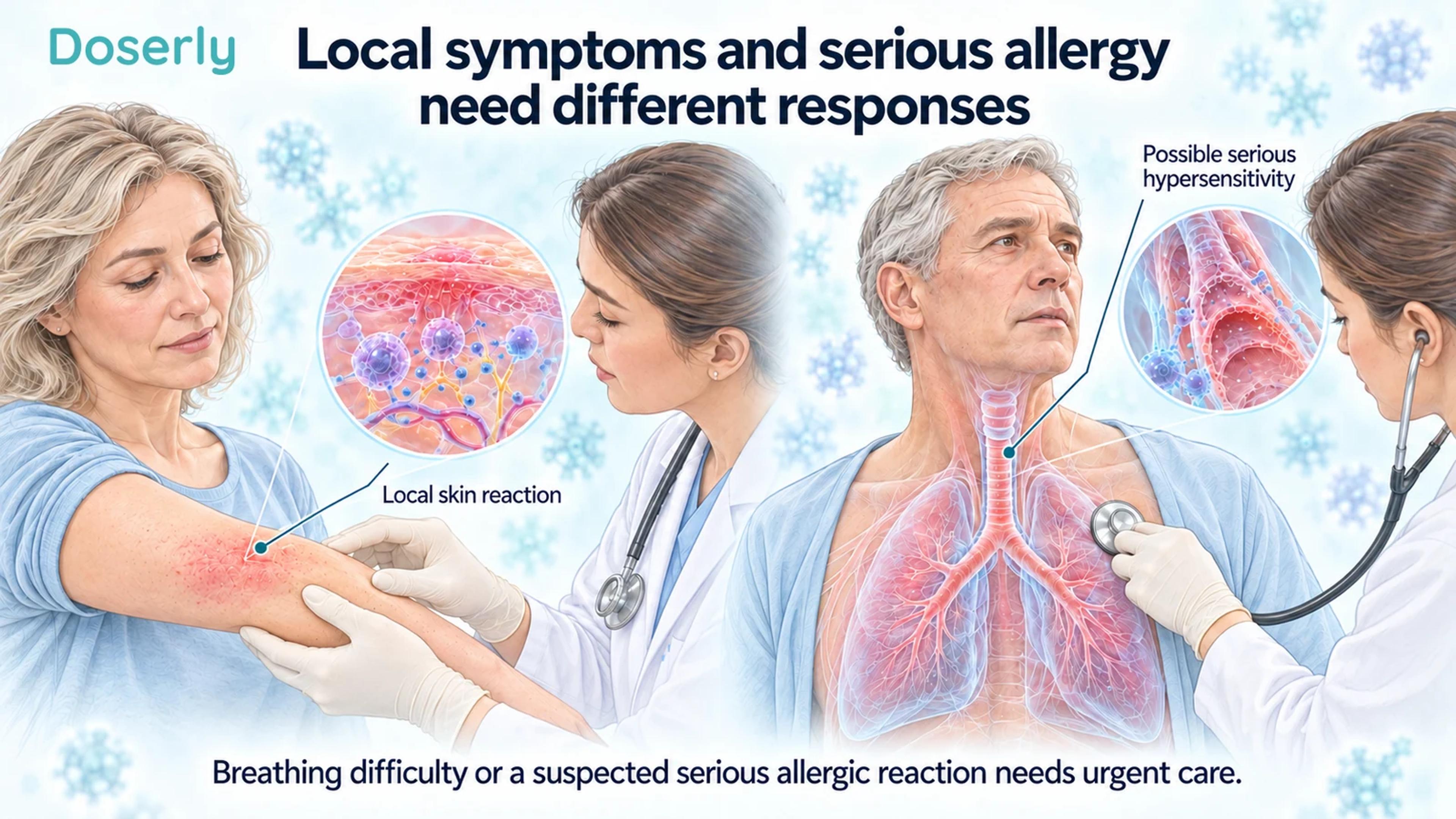 Clinician examining a local skin reaction beside a separate clinical scene illustrating possible serious hypersensitivity.