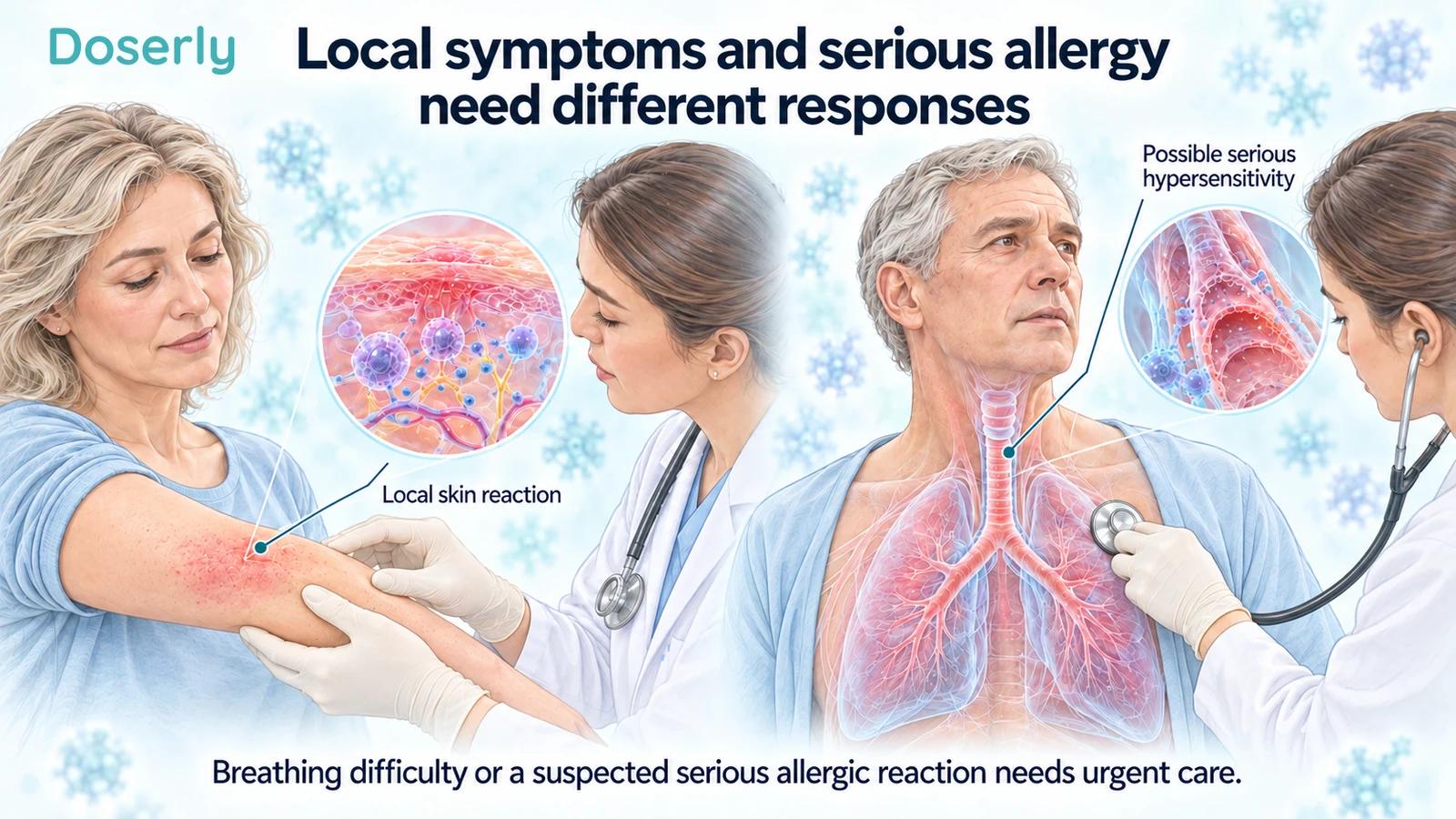 Clinician examining a local skin reaction beside a separate clinical scene illustrating possible serious hypersensitivity.