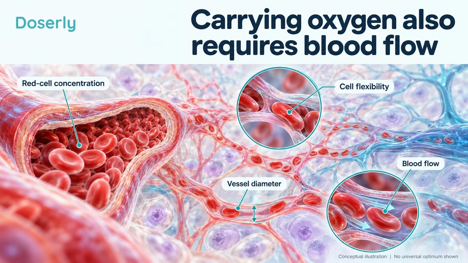 Red cells moving through branching vessels illustrate why concentration, flexibility and vessel size all affect blood flow.