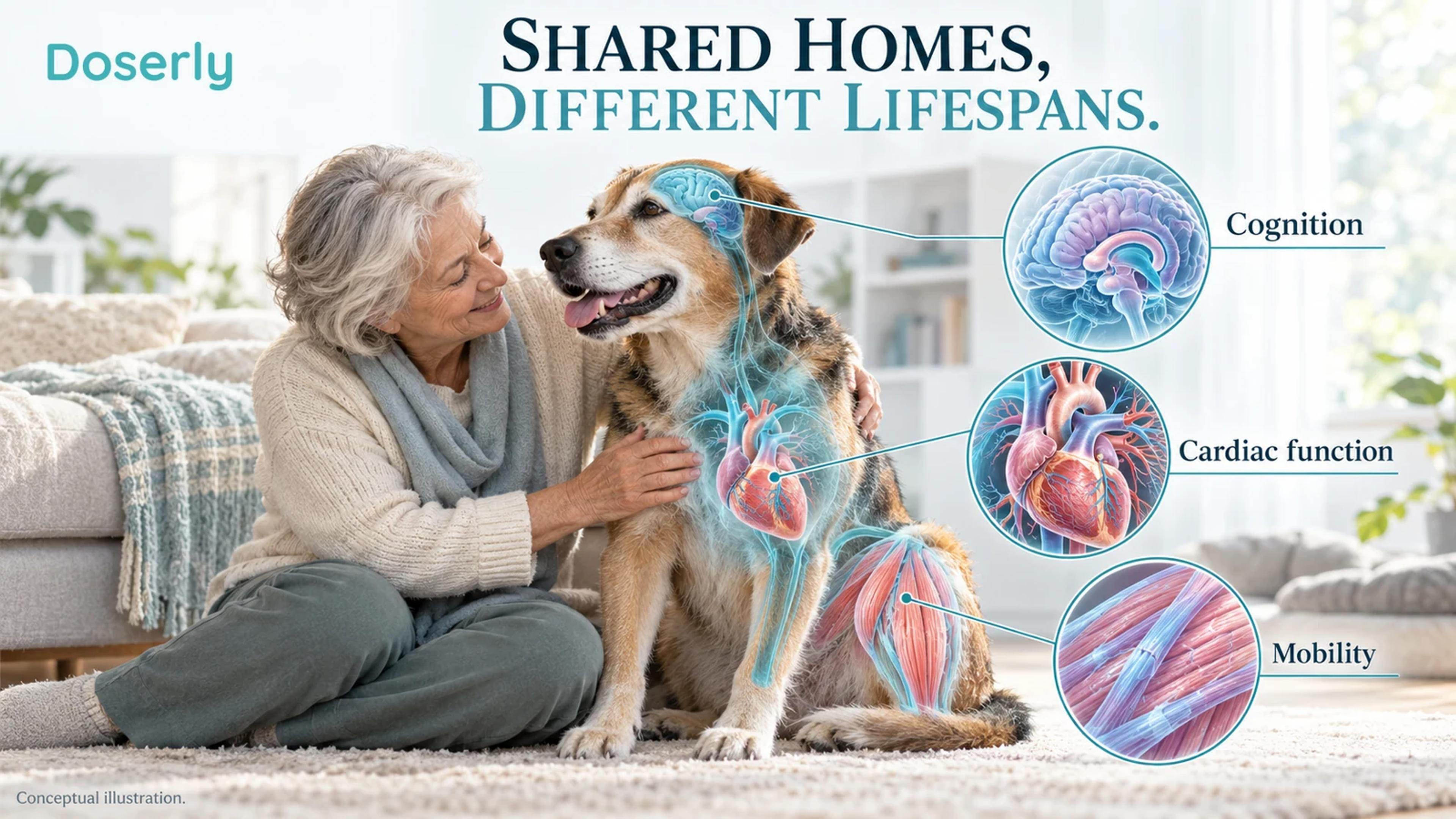 Companion dog and older adult in a shared home setting with detailed anatomical callouts for heart, muscle and brain
