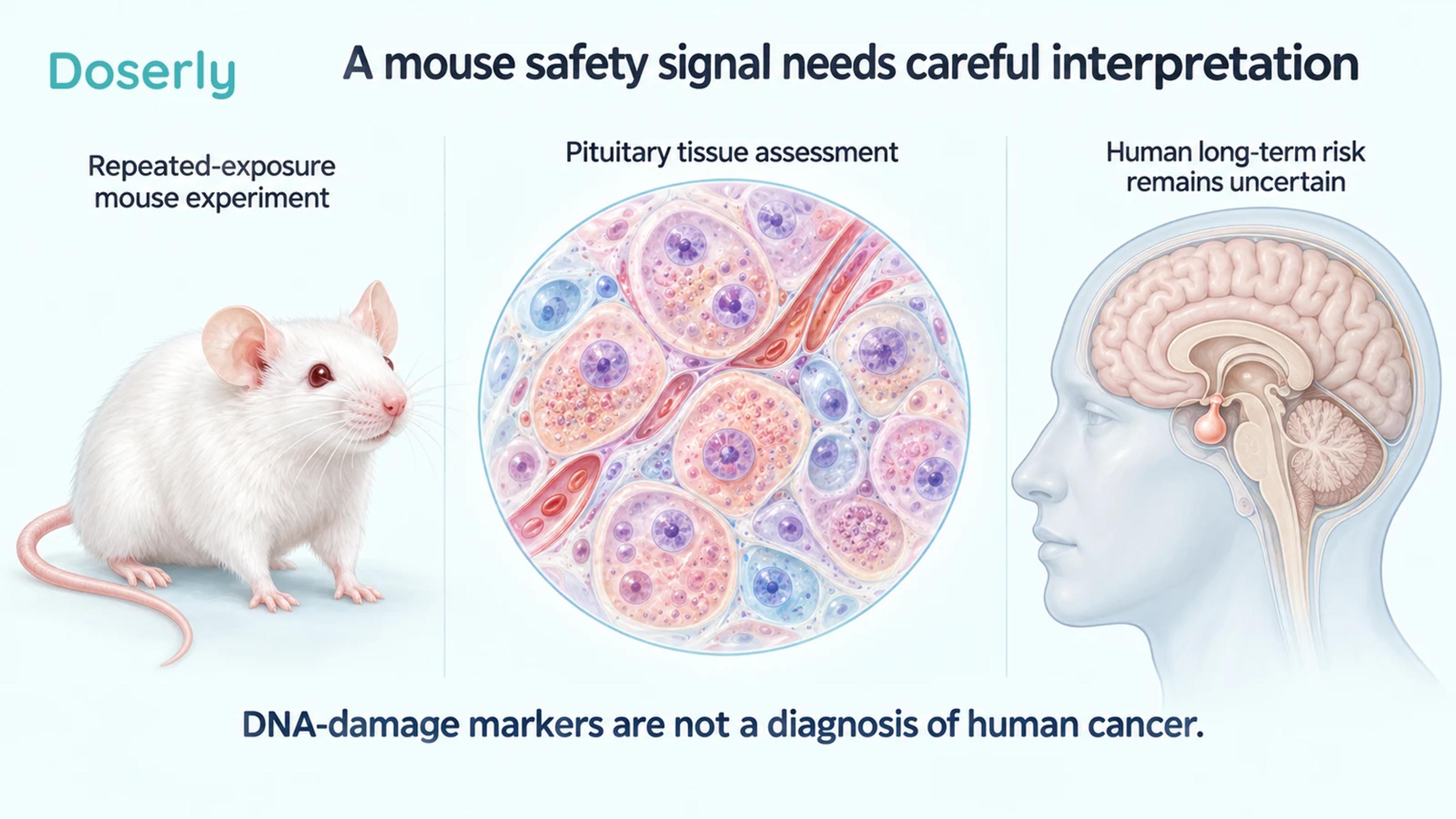 An intact laboratory mouse, conceptual pituitary tissue and separate human head anatomy distinguish a preclinical safety signal from uncertain human risk.