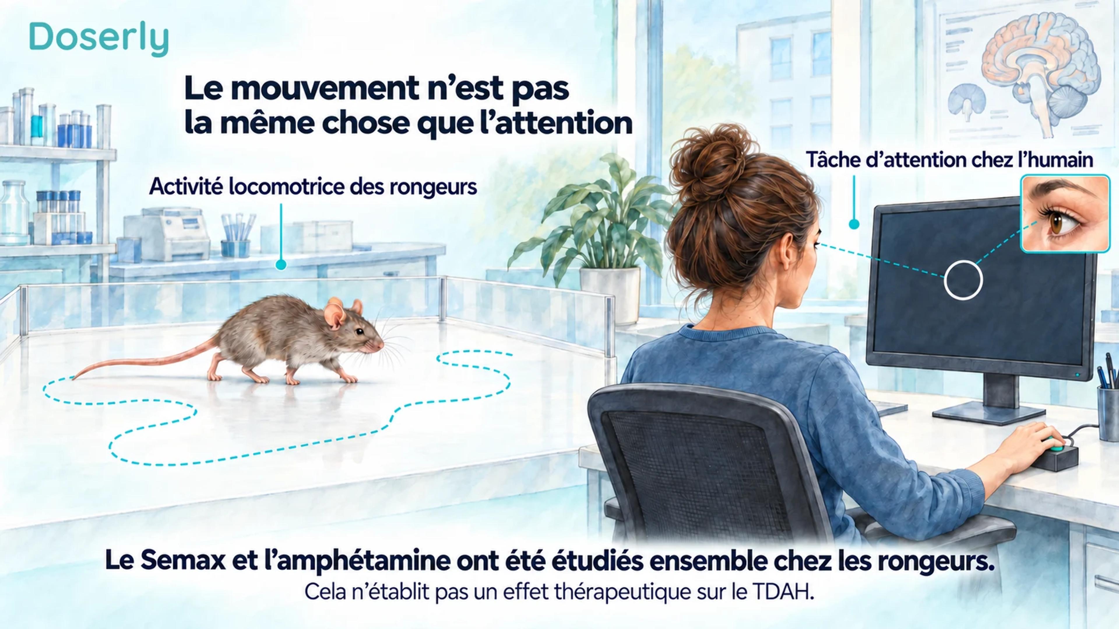 Une souris se déplace dans une enceinte expérimentale, à côté d’un adulte représenté séparément qui effectue une tâche d’attention à l’ordinateur.